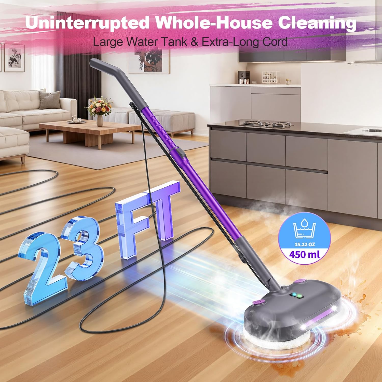 Scrubbing Steam Mop with Rotating Pads, All-in-One Spin Steam Cleaner for Floor Cleaning, Large Tank, 23FT Cord, LED Headlights, Reusable Pads & Self-Standing, Safe for Hard Floor/Laminate/Marble