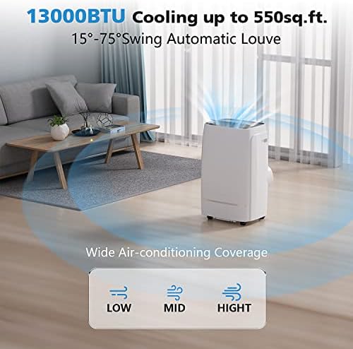 COWSAR 13000 BTU Portable Air Conditioner 4-IN-1 Portable AC Unit 24H Timer Room Air Conditioners 450 Sq.Ft. Coverage ＜53dB Portable Air Conditioners for 1 Room