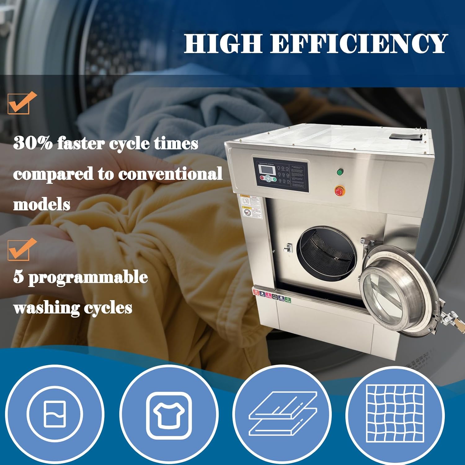 33LBS Commercial Washing Machine Industrial Washer & Spinner with 6KW Heater, Stainless Steel Drum, Auto Laundry Equipment for Hotel/Hospital/Car Detailing 220V 1PH