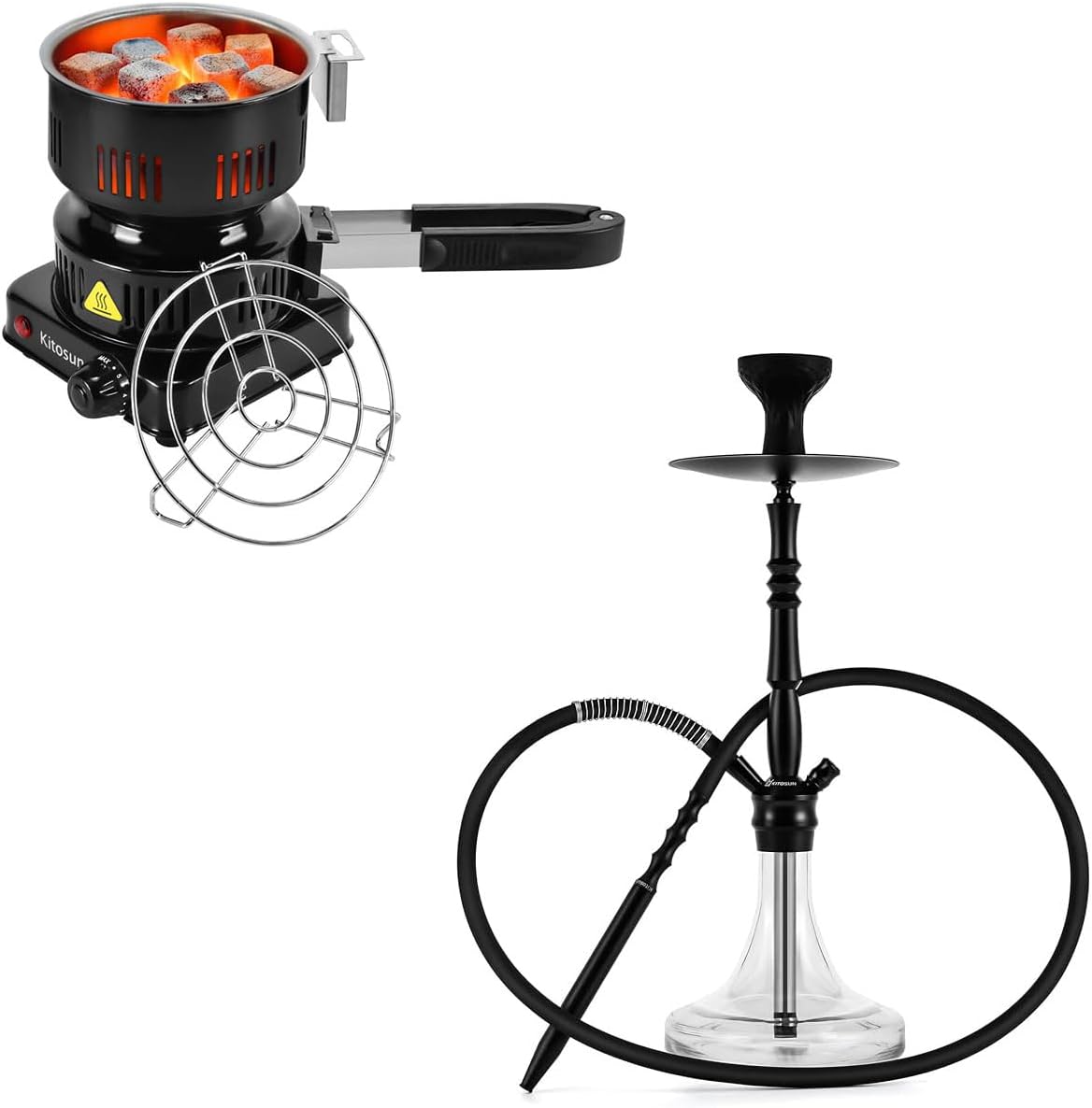 Electric Stove Faster Coconut Charcoal Starter Kitosun Glass Hookah Complete Set with Everything - Stainless Steel Hookah Down Stem with Diffuser, Easy Pull
