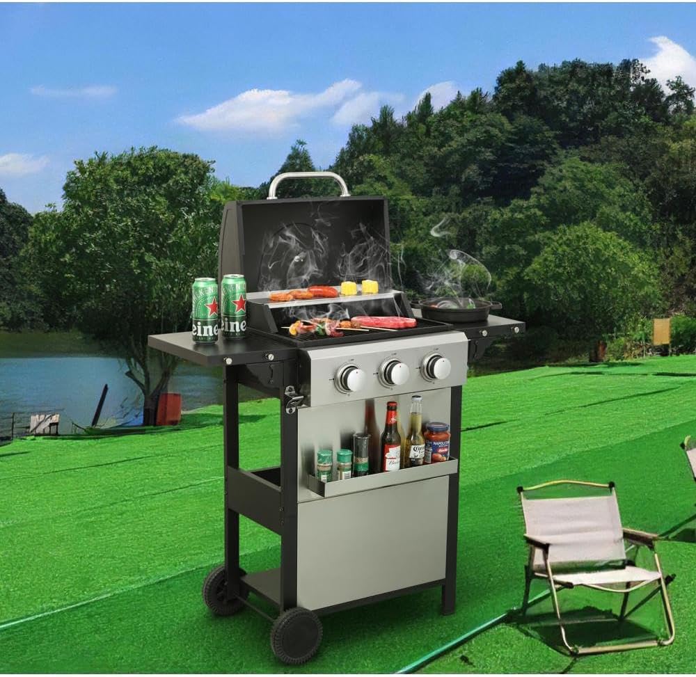 3-Burner Propane Gas Grill with Side Burner – Outdoor BBQ Grill, Cast Iron Grates, Portable with Wheels for Patio, Camping