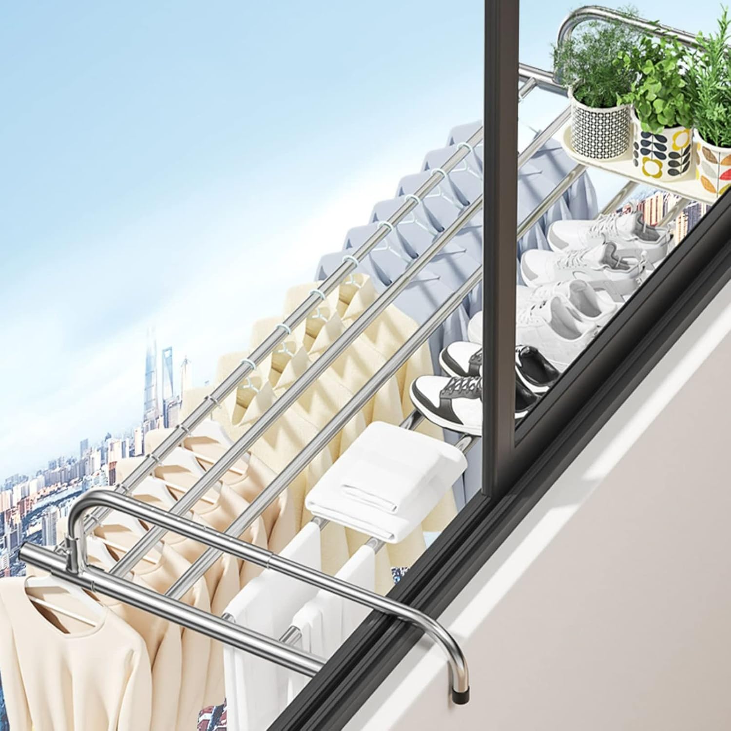 Clothes Airer Indoor Clothes Dryer Multifunction Balcony Drying Rack Stainless Steel Folding Airer Foldable Laundry Drying Rail Extendable Clothing Dryer Rack,50-86cm Warm,Silver 68