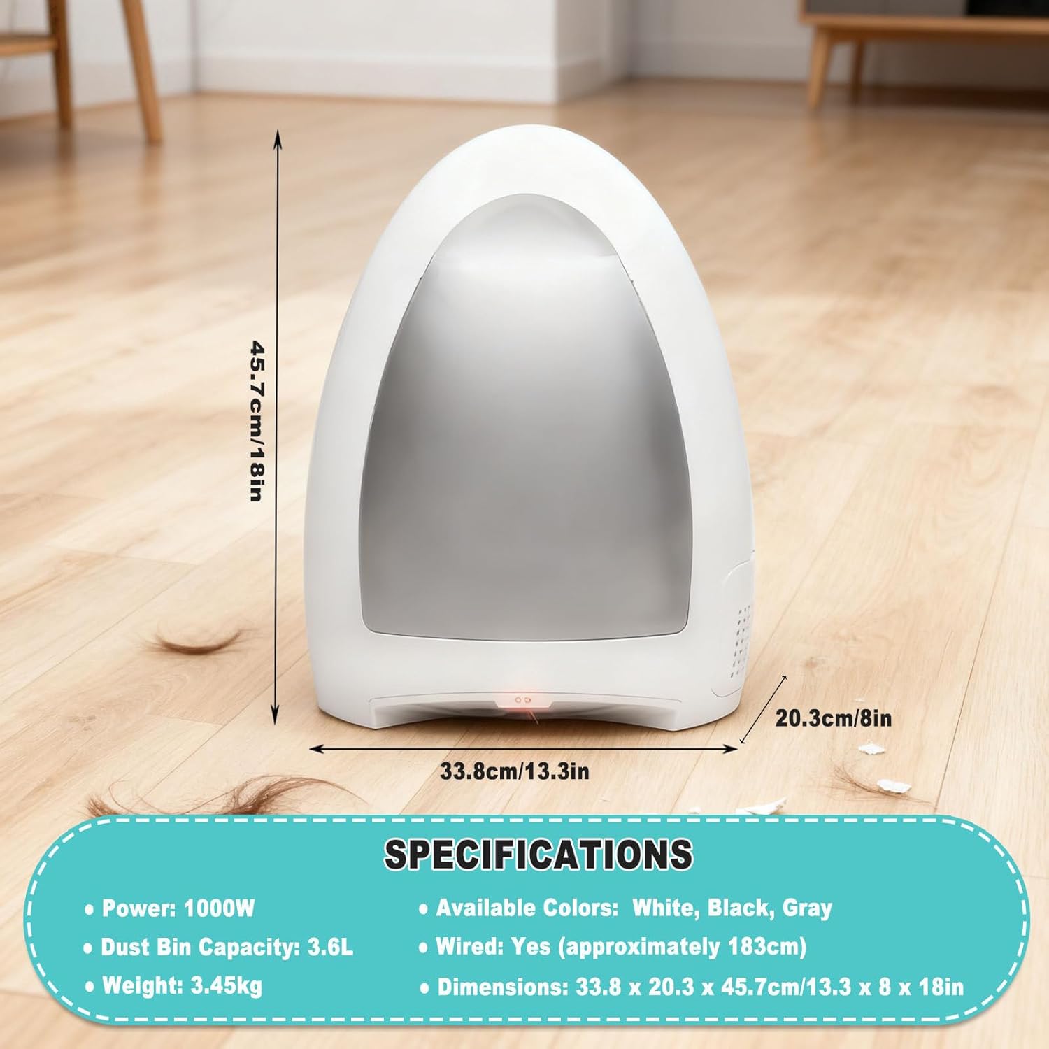 Stationary Touchless Vacuum Cleaner, 1000w Hair Salon Vacuum Cleaner with 3.6l Dust Box, Corded Canister Vacuum Cleaner, for Sweeping Pet Hair White