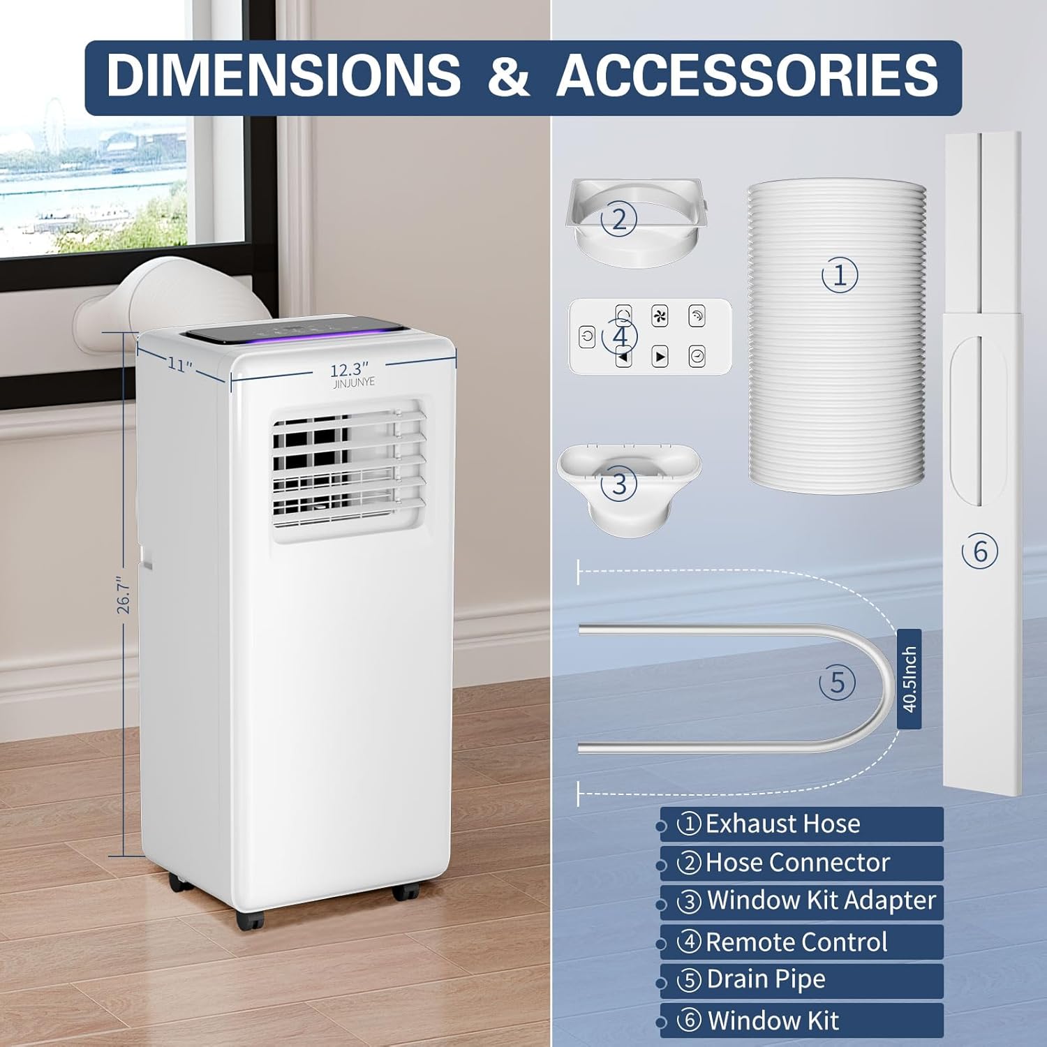 JINJUNYE 10,000 BTU Portable Air Conditioners 4 IN 1 with 7 Colors LED Light, Portable AC Unit Dry, Fan, Sleep Mode, Cools Up to 450 Sq.Ft, 24H Timer, Window Kit, Not Include Battery KF450062-1