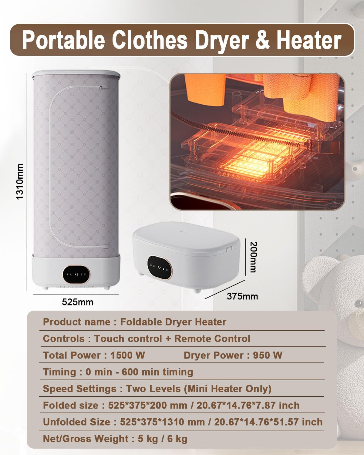 Compact Clothes Dryer Machine with Heater Function, Space-Saving Foldable Clothes Drying Rack, for Travel, Balcony, and Walk-in Closets, Touch + Remote Control, Dual-Layer Design