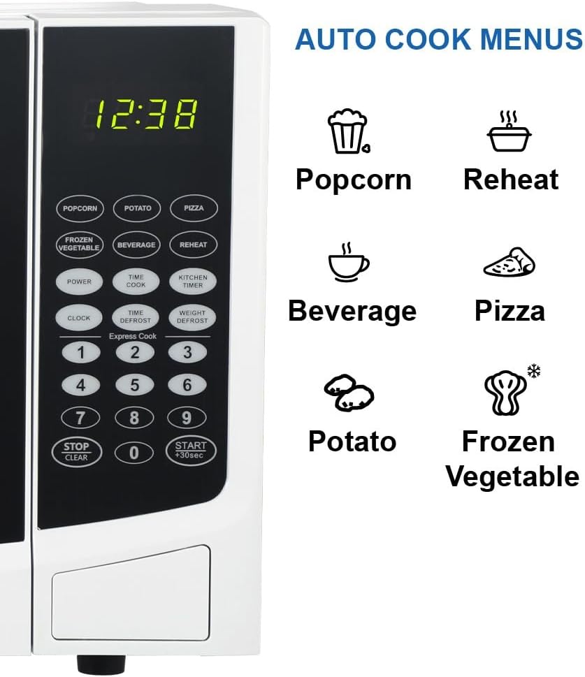 Emerson 0.9 Cu. Ft. Compact Countertop Microwave Oven with Touch Control, LED Display, 900W, 6 Auto Menus with Removable Glass Turntable and Child Safety Lock, MW9255W, White