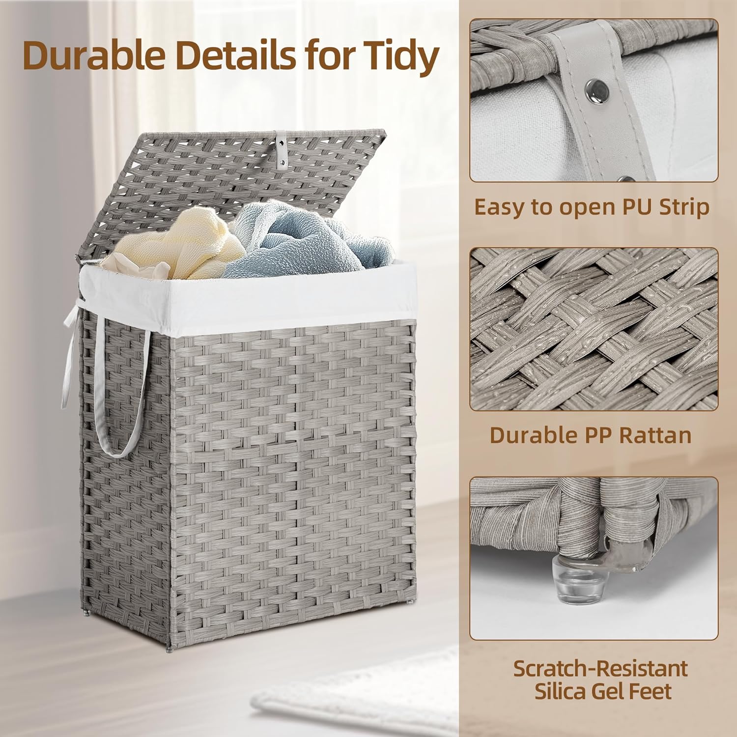 Woven Laundry Basket with Lid, Large Hamper with Removable and Machine-Washable Liner, Foldable Rattan Clothes Hamper, Sturdy Steel Frame, Odor Control, 90L Capacity, Dove Gray