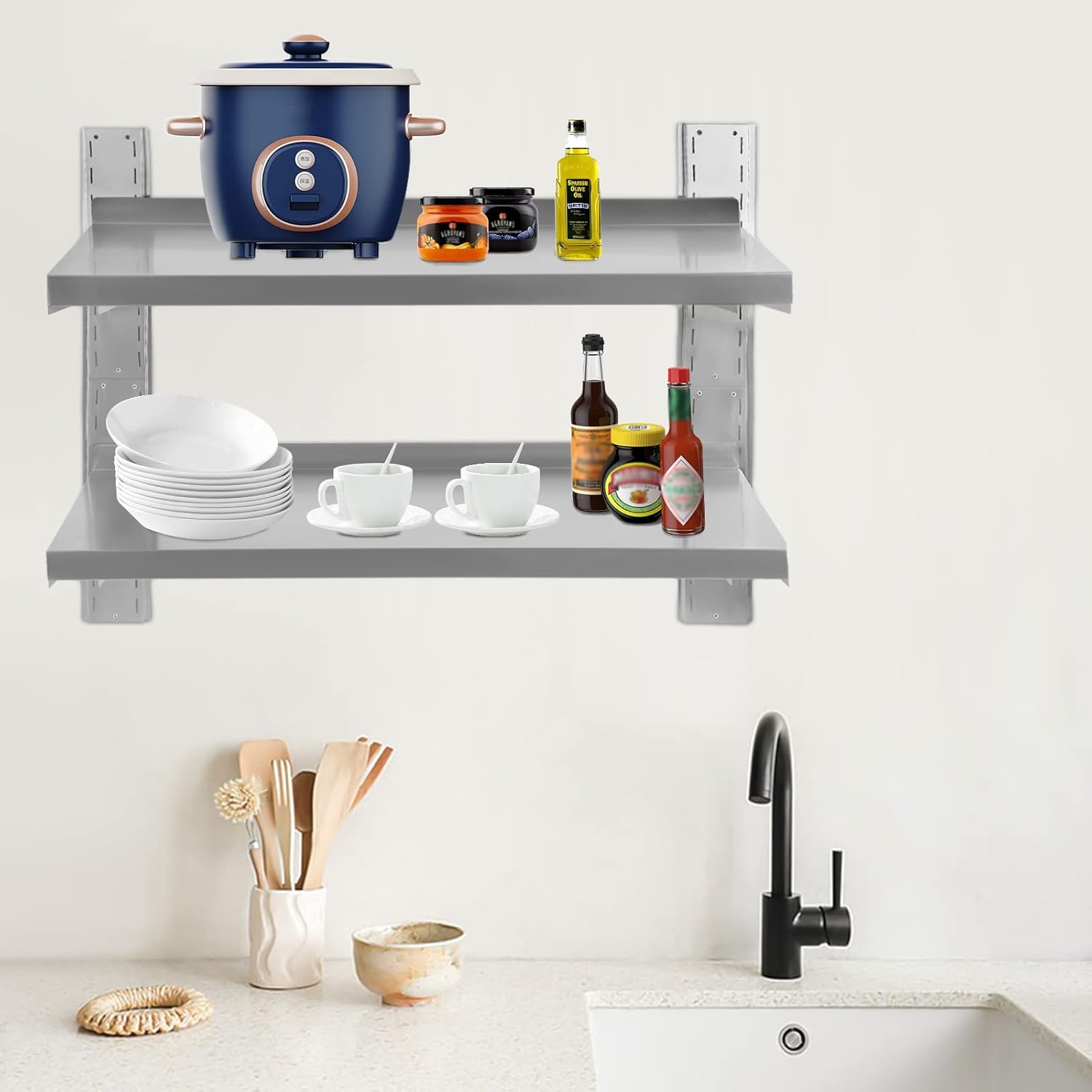 DYRABREST Double-Layer Stainless Steel Shelf, Commercial Wall Mount Floating Shelving for Restaurant,Bar,Home,Kitchen,Laundry,Garage and Utility Room， Industrial Appliance Equipment