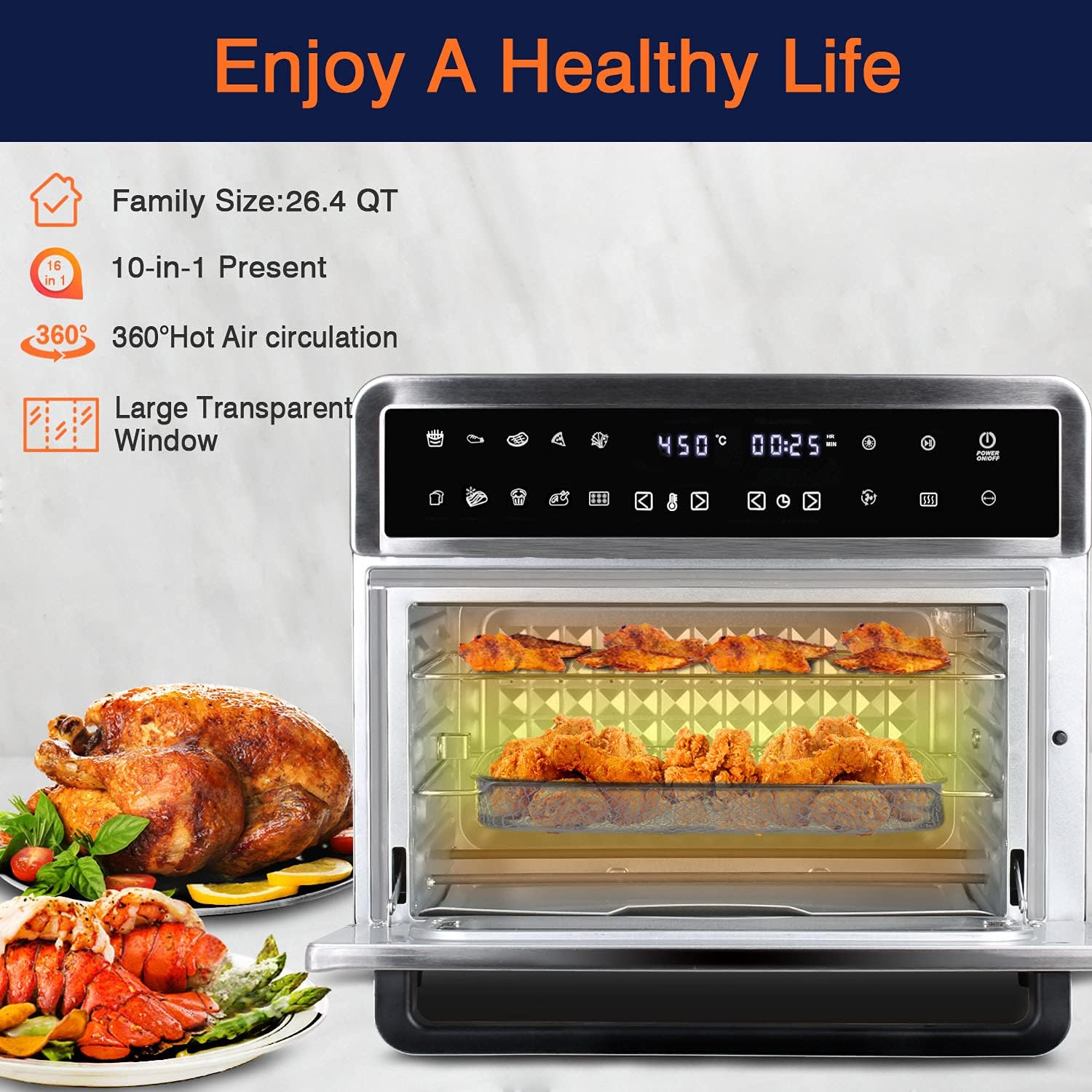 Artestia 26.4-QT Large Toaster Oven 10 IN 1 Air Fryer Digital Convection Countertop Ovens with Dehydrate and Reheat, Multifunction Toaster Oven Air Fryer Combo, 7 Accessories, 1800W