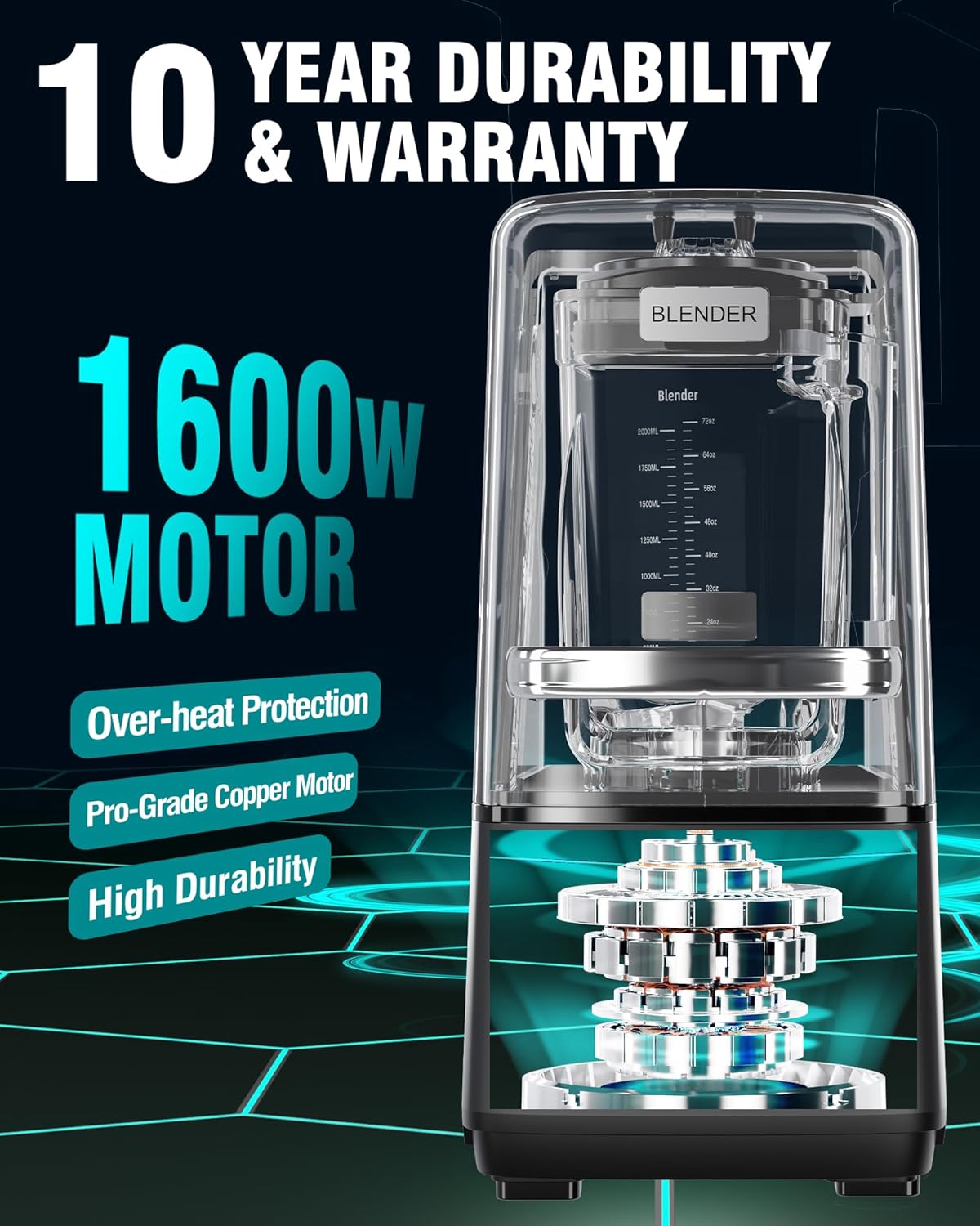 WantJoin Commercial Blender- 80Oz Quiet Shield Smoothie Blender, 1600W Professional Ice Crusher with 6 Blades & 15 Speeds, High-speed Ice Drink Maker for Restaurant Café Home, Dishwasher Safe