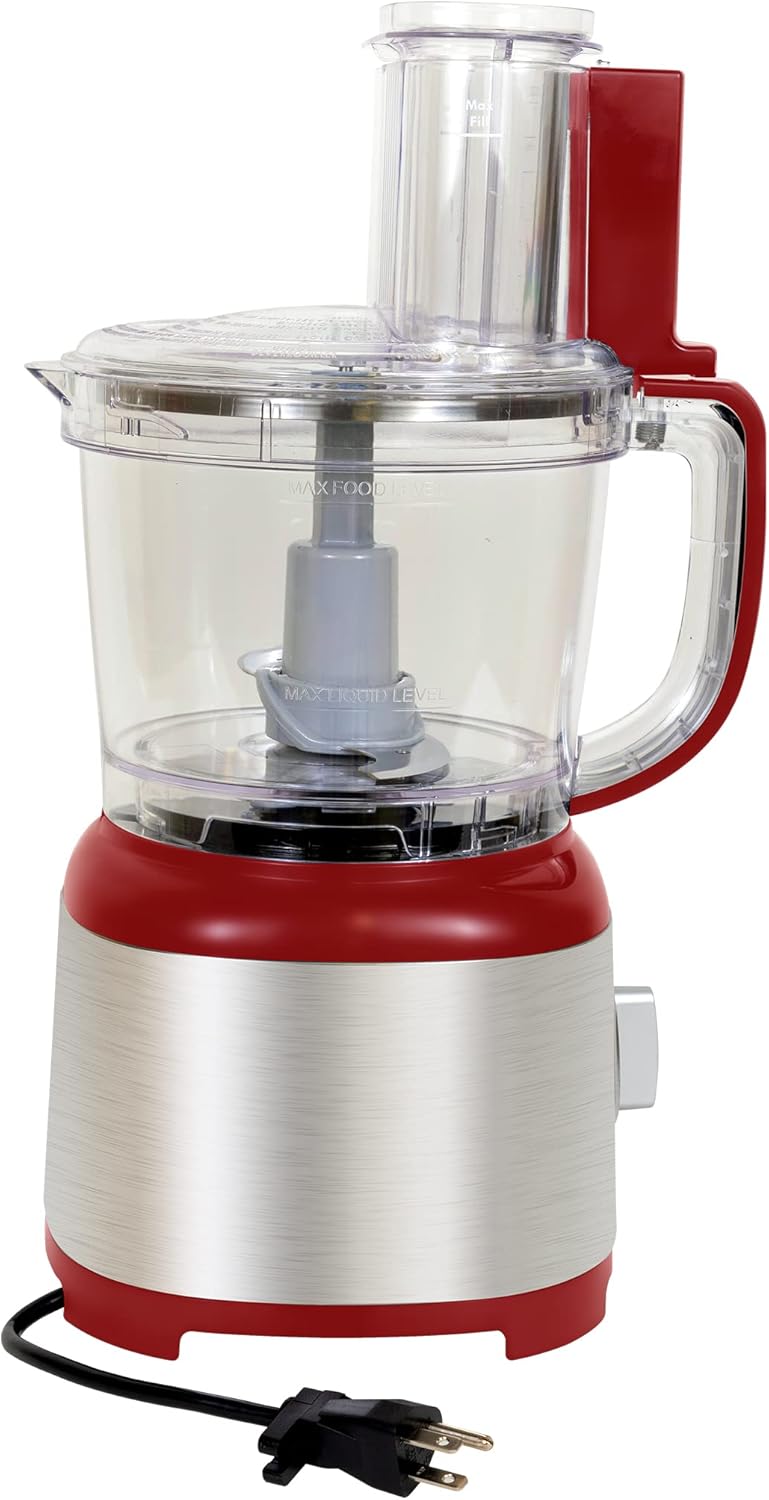 Kenmore 11-Cup Food Processor - Vegetable Procesador de Alimentos, Blender, Onion Chopper And Garlic Mincer, Kitchen Appliance High Powered Electric Licuadora, 500W Red, Stainless Steel Red