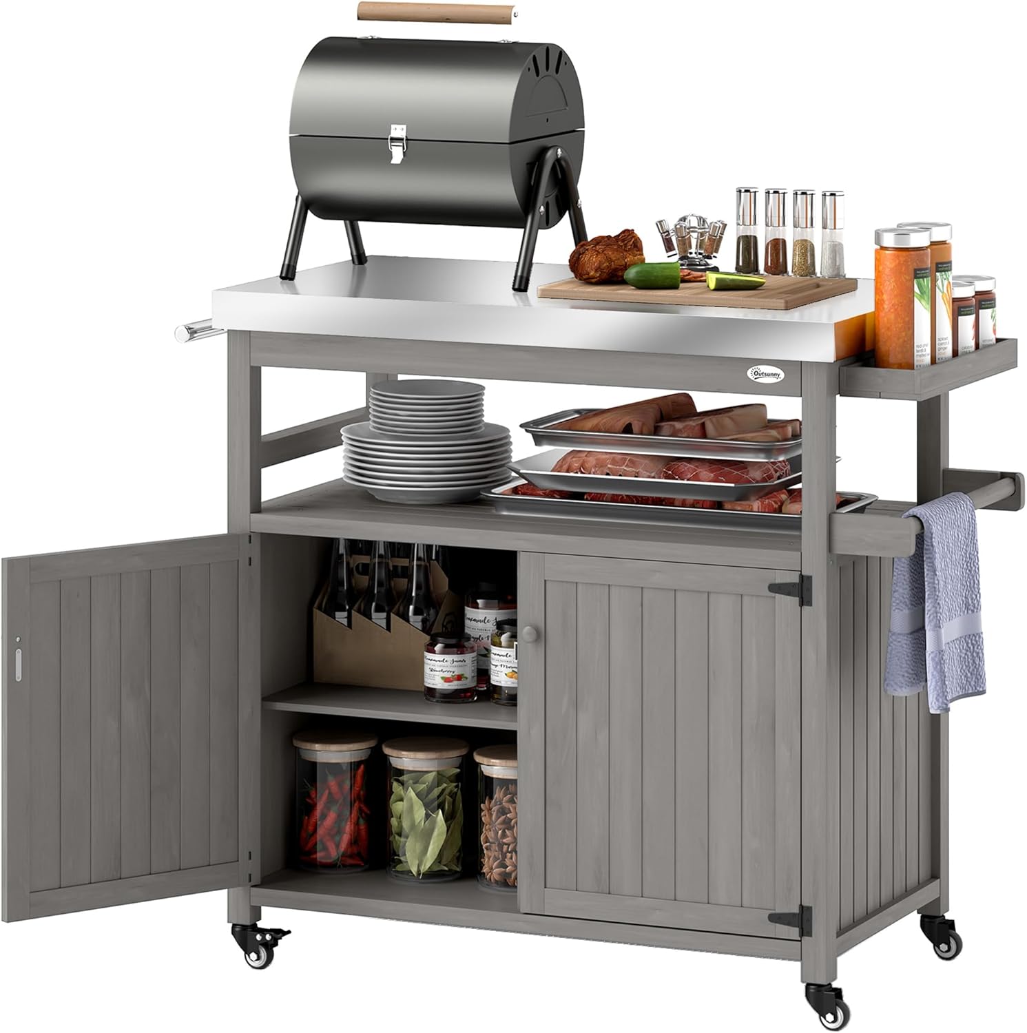Outsunny Outdoor Grill Cart with Wheels and Storage, Solid Wood Outdoor Kitchen Island with Stainless Steel Top, Movable Bar Cart with Spice Rack, Side Handle, Integrated Hole for BBQ, Gray