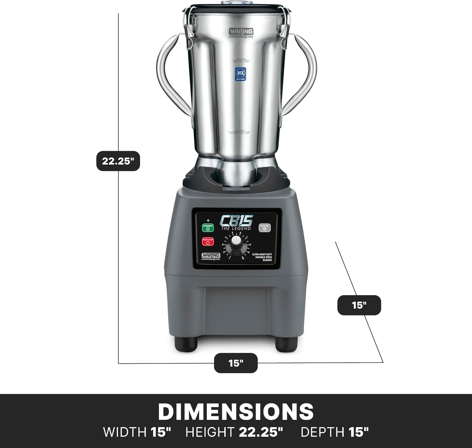 Waring Commercial CB15V Ultra Heavy Duty 3.75 HP Blender, Electric Touchpad Controls with Variable Speed, Stainless Steel 1 Gallon Container, 120V, 5-15 Phase Plug, Black