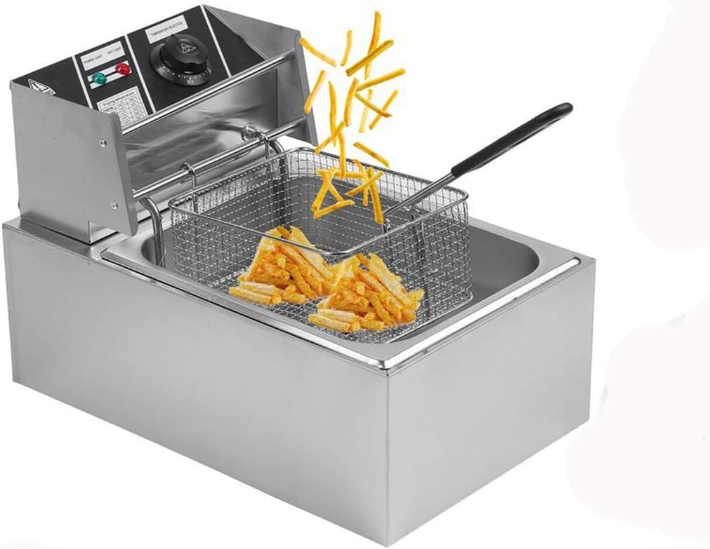 Electric Deep Fryer, 6L Stainless Steel Commercial Electric Deep Fat Fryer Temperature Control Timing Fryer with Drain & Basket,Single Tank/Dual Tank (6L Single Basket)