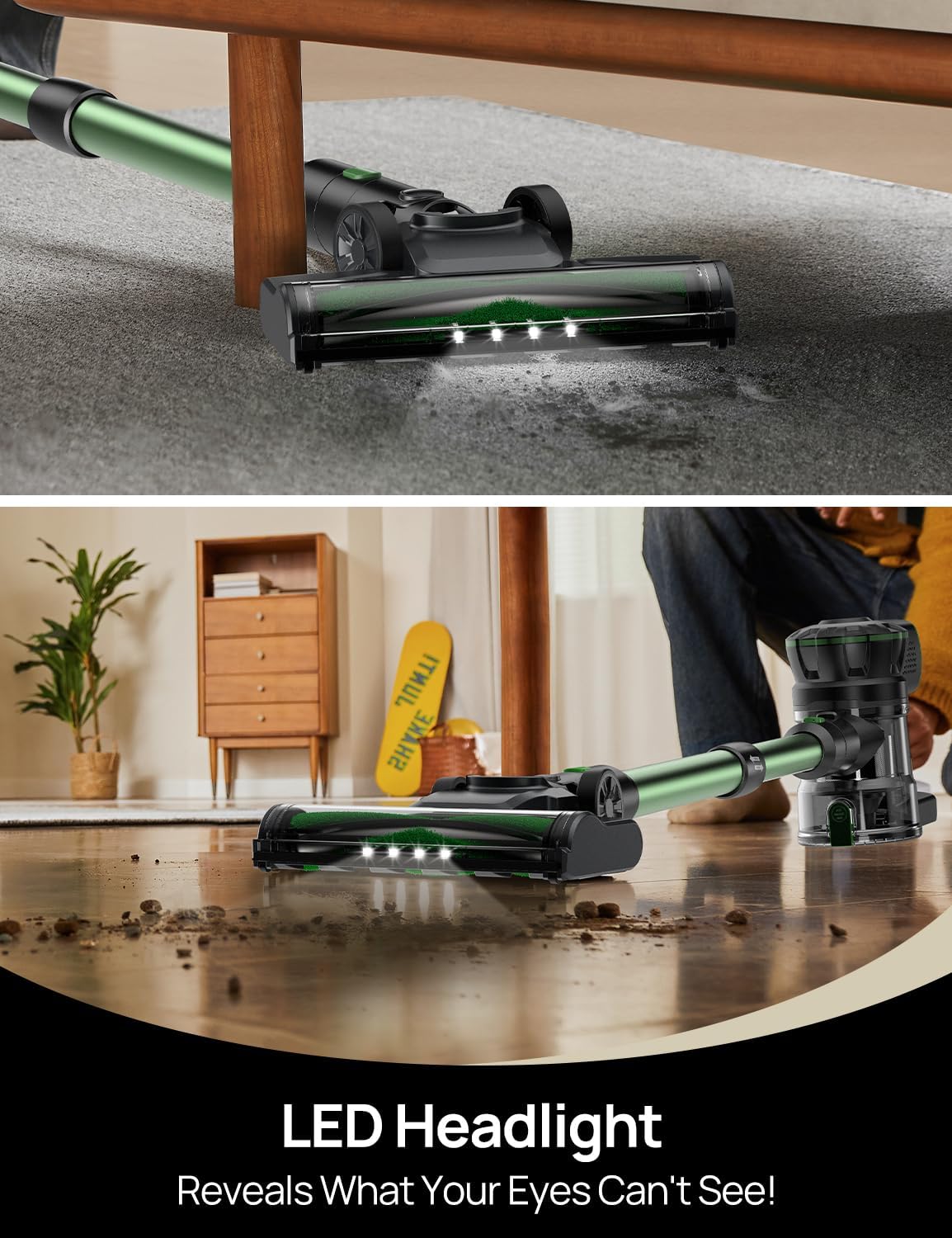 Vexilar Cordless Vacuum Cleaner, 550W/45Kpa/60Mins, Cordless Stick Vacuum Cleaner with Self-Standing and Touch Screen, 6-in-1 Lightweight, Rechargeable Vacuum for Pet Hair Carpet Hardwood (Green)