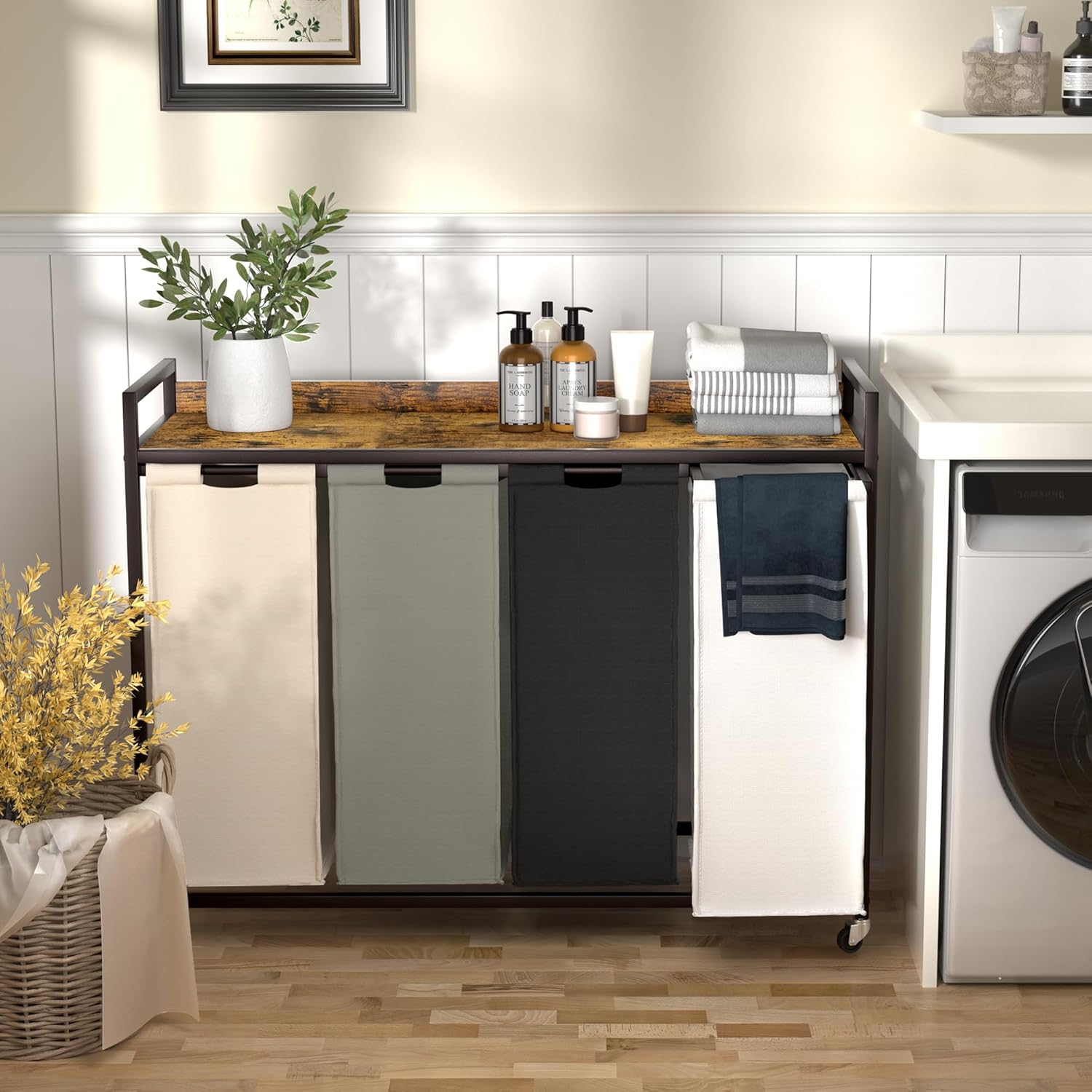 Laundry Hamper with Shelf, Laundry Basket 4 Section, Laundry Sorter with Pull-Out Removable Large 4 Color Bags and Movable Wheels, Metal Frame, 4 x 15.87 Gallons (60L), Rustic Brown PF07XLN