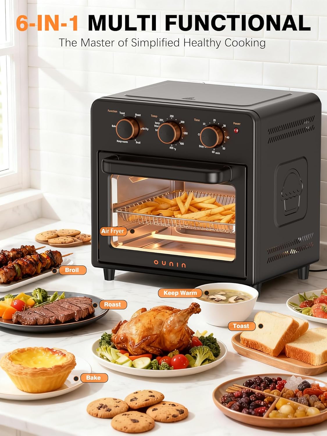 OUNIN Air Fryer & Toaster Oven with Steam Infusion, 12L Compact, Countertop Friendly, Fast Preheat with Bake, Convection Bake, Grill, Broil and Warm Options, 60-Minute Timer, Stainless Steel