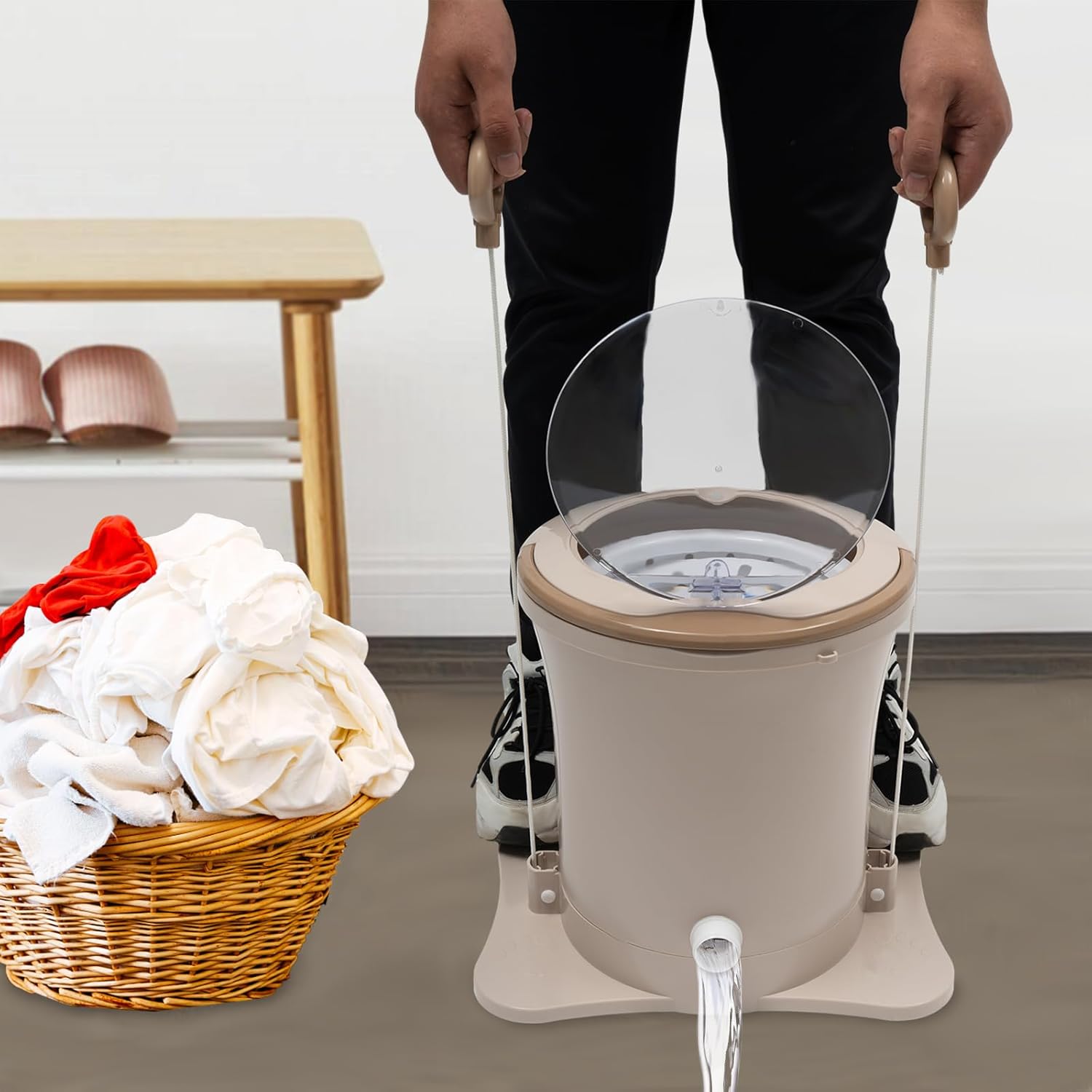 Manual Clothes Dryer Portable, 9L Compact Washer Spin Dryer, Manual Draw Cord Dryer, Non Electric Laundry Dryer for RV, Camping, School, Apartment, Dorm (Apricot)