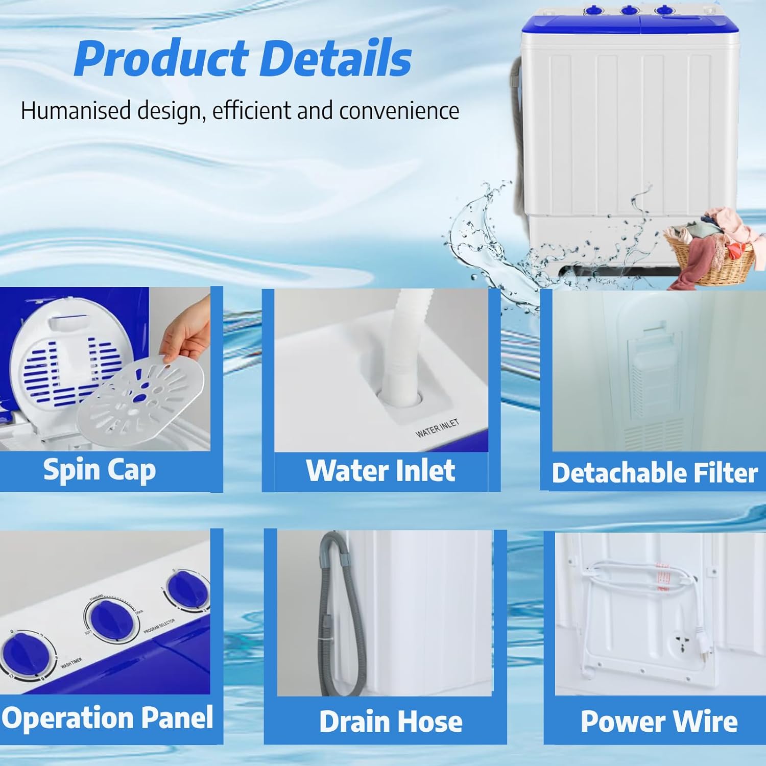 Nictemaw Portable Washing Machine 30Lbs Capacity Washer and Dryer Combo 2 In 1 Compact Twin Tub Laundry Washer (19Lbs) & Spinner (11Lbs) with Drain Pump, Time Control, for Apartment Dorms RV, Blue