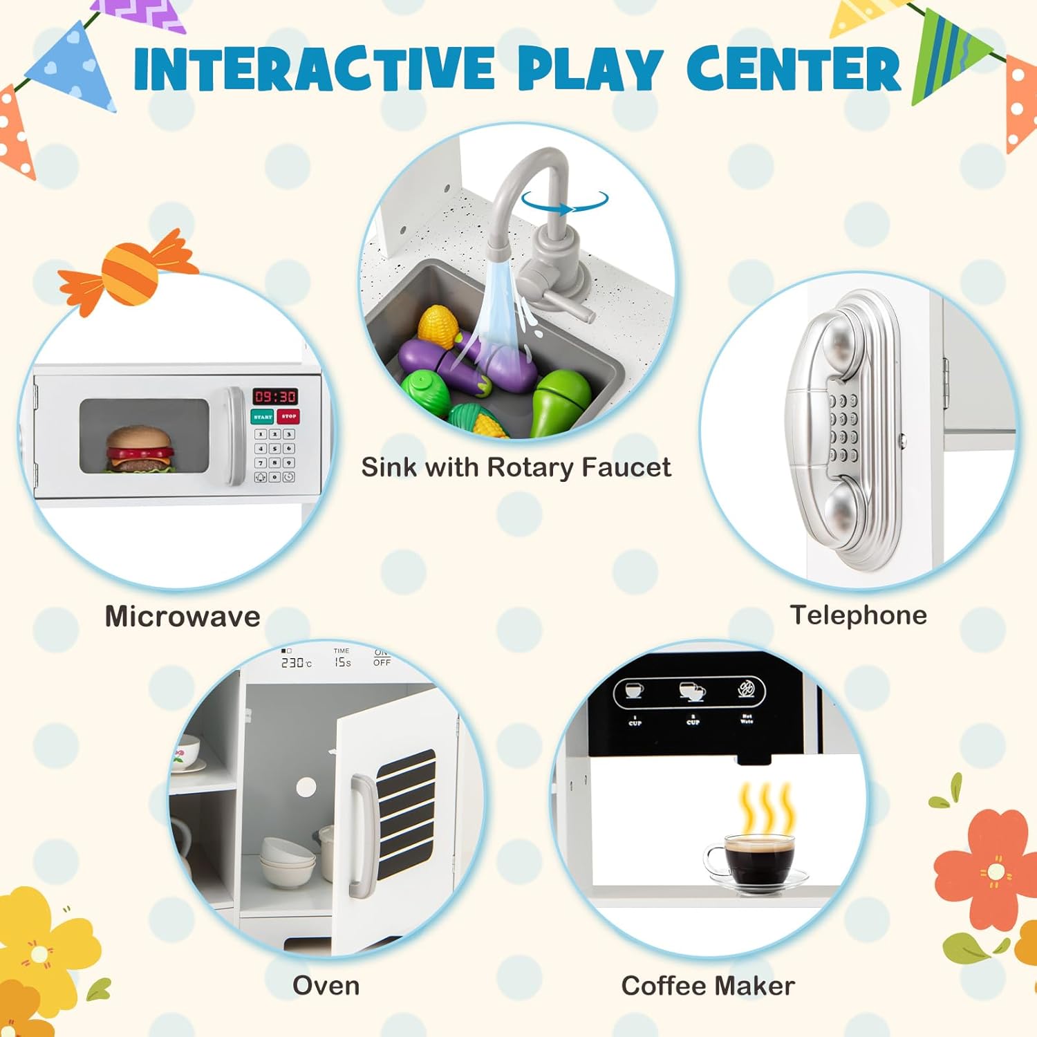 Costzon Corner Kids Kitchen Playset, Wooden Toy Kitchen Set w/Lights & Sounds Range Hood, Ice Maker, Pretend Telephone, Sink, Faucet, Microwave, Oven, Play Kitchen for Kids 3+ (White)