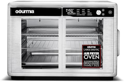 Gourmia French Door Air Fryer Oven - 37 Qt Large Capacity Convection Toaster Oven, FryForce 360°, Digital Display, 12 Cooking Presets, Dehydrate, Fits 13” Pizza, Dishwasher-Safe, Stainless Steel