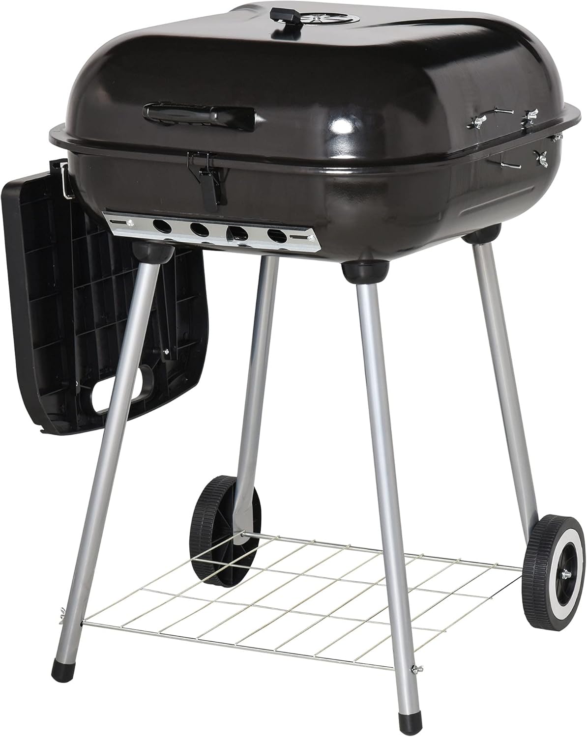 Outsunny Portable Charcoal Grill with Foldable Side Shelf and Bottom Shelf, BBQ Smoker with Wheels and Adjustable Vents on Lid for Picnic Camping Backyard Cooking, Black