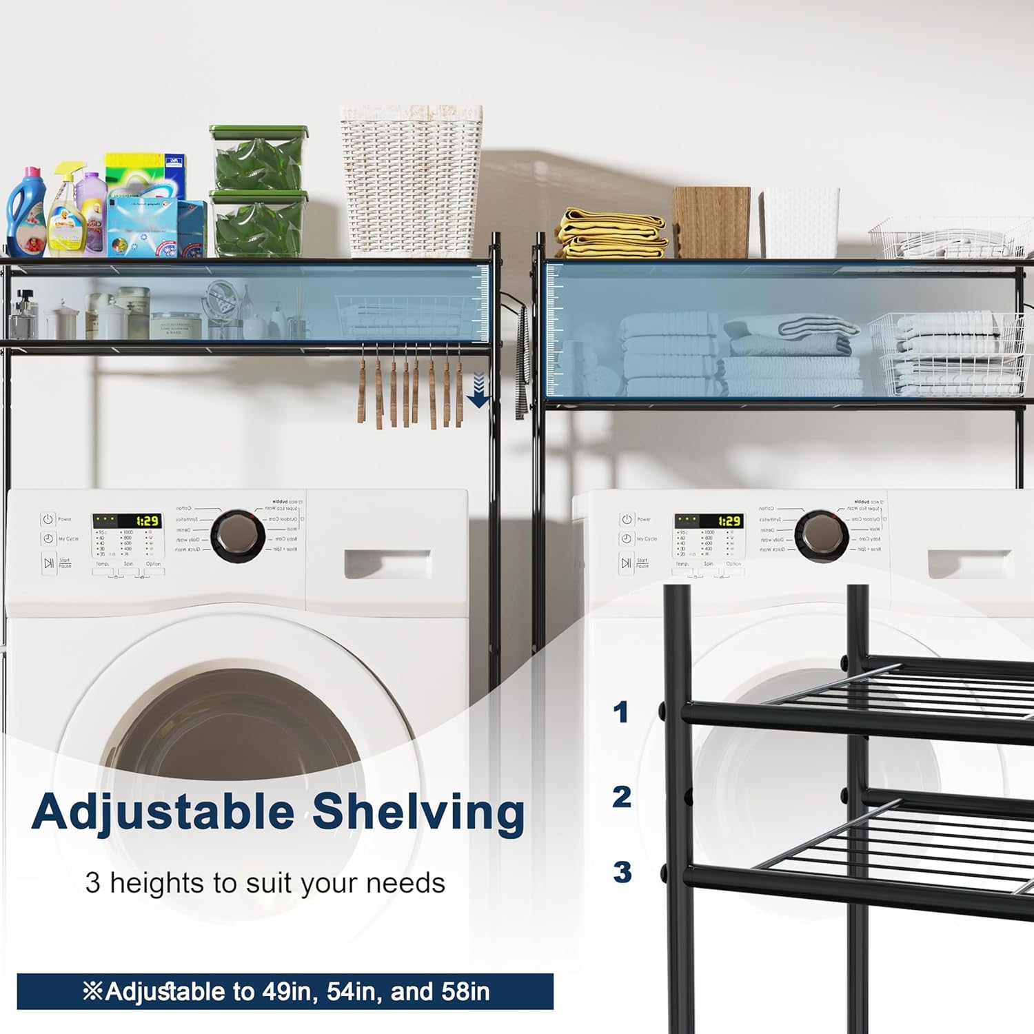 Laundry Room Storage Shelf & Organizer, 2 Tier Metal Over Washer and Dryer Shelves, Washing Machine Shelf with Hanger Rod, Expandable Bathroom Space Saver Shelf, 26–37