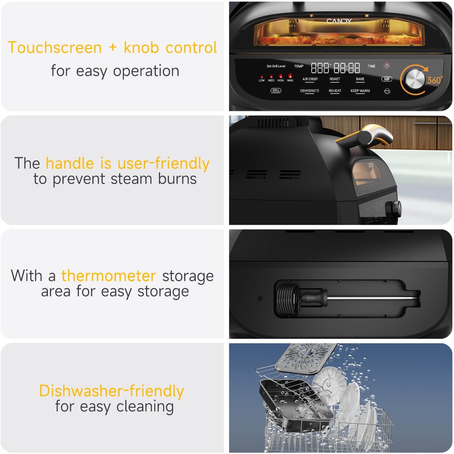 Candy Indoor Grill & Air Fryer with Ceramic Accessories, 500°F Max, 7-IN-1 Digital Display, 5.2 QT Electric Low Smoke with View Window, Smart Thermometer, Crisp, Roast & Dehydrate, Easy Clean, 1500W