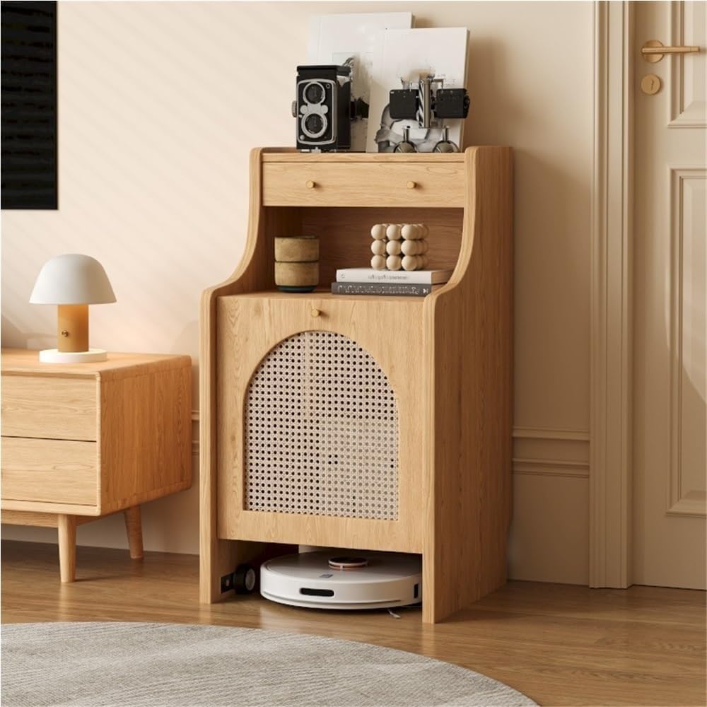 Side Table Robot Vacuum Cleaner Storage Cabinet Hidden Entryway Living Room Cabinet with Rattan Door Sofa Sideboard Solid Construction(Natural,55cm)