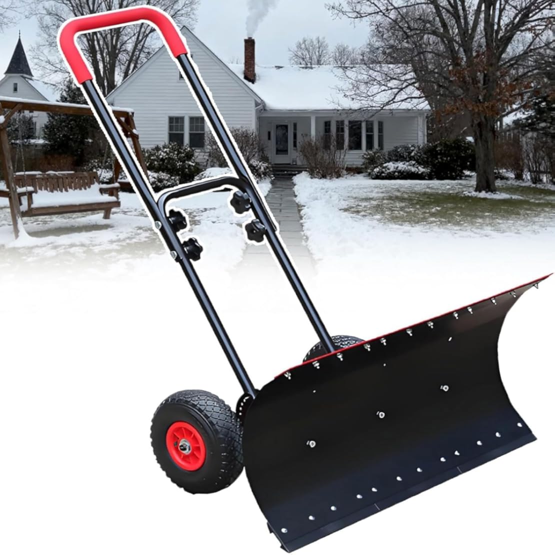 Heavy-Duty Rolling Snow Shovel with Adjustable Handle, 74 * 42cm Wide Dual-Purpose Ice and Snow Removal Blade, with Wheels