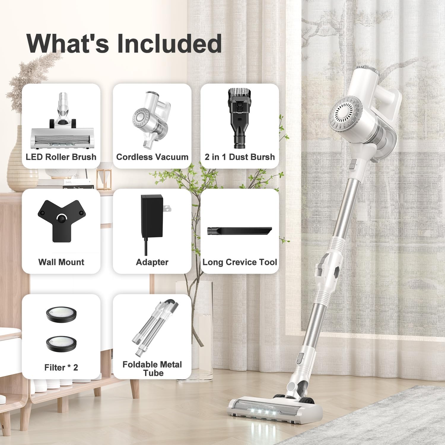 Cordless Vacuum Cleaner, Lightweight Stick Vacuum Cleaner, 6 in 1, Self-Standing with Powerful Suction, 180° Bendable Wand Rechargeable Cordless Vacuum for Hardwood Floor (White)