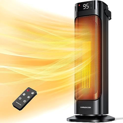 VAGKRI 24-Inch Oscillating Ceramic Tower Space Heater for Home with Remote Control, Adjustable Thermostat, Timer, Overheat, Rollover Protection, and Portable Design for Bedrooms, Offices 1500W Black
