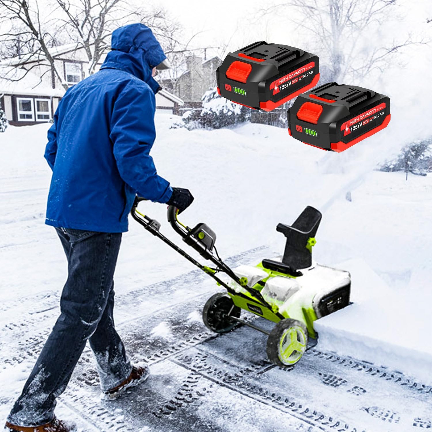 20-Inch Electric Snow Thrower, 40V Cordless Snow Blower with Dual LED Lights, 2×4000mAh Batteries, 25ft Throw Distance for Sidewalks/Driveways