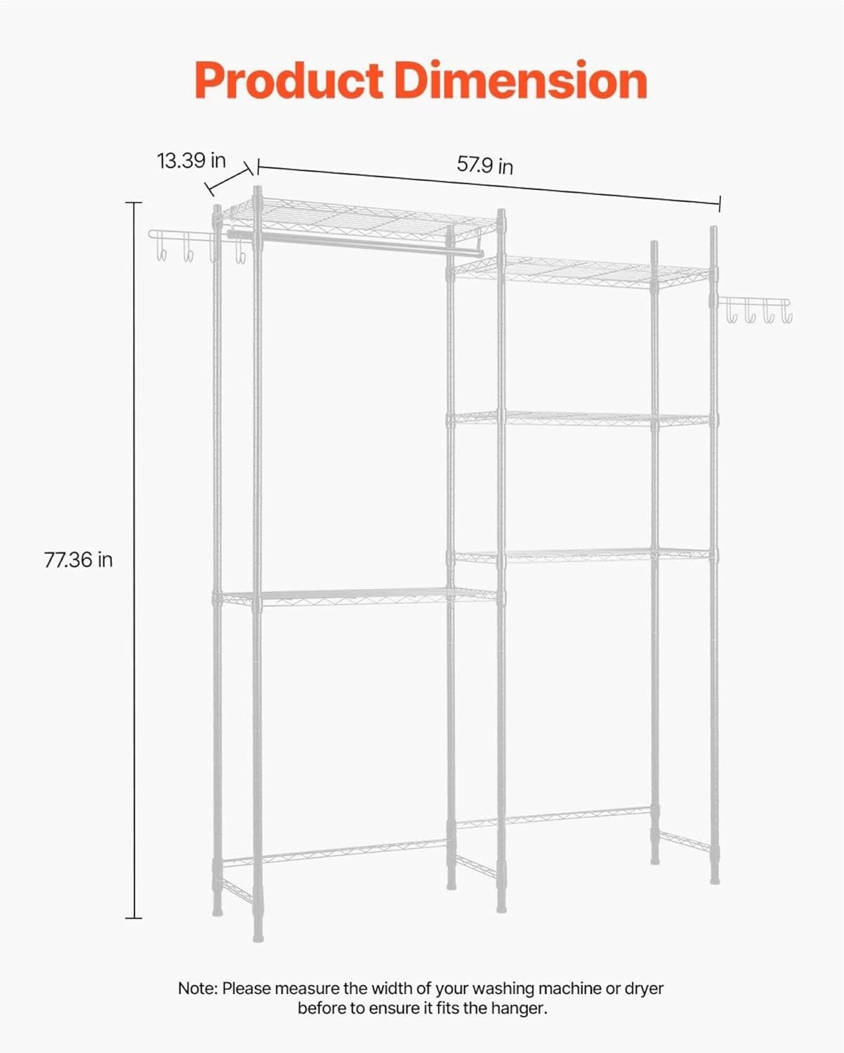 Over The Washer and Dryer Storage Shelf, 5 Tier Laundry Room Drying Rack with Hanger Rod and Hooks, Adjustable Over Washer and Dryer Shelves, Laundry Room Shelf Storage Space Saver, White