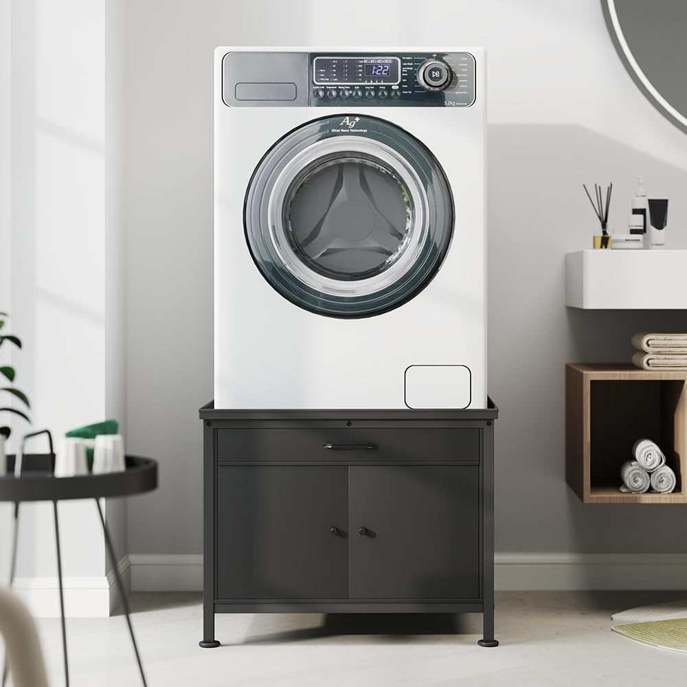 LUCKUP Laundry Pedestal for Washer & Dryer, Heavy Duty Platform Base Stand 29”Universal Fit All Machines w/Laundry Basket Shelf and Built-in Drain Hose