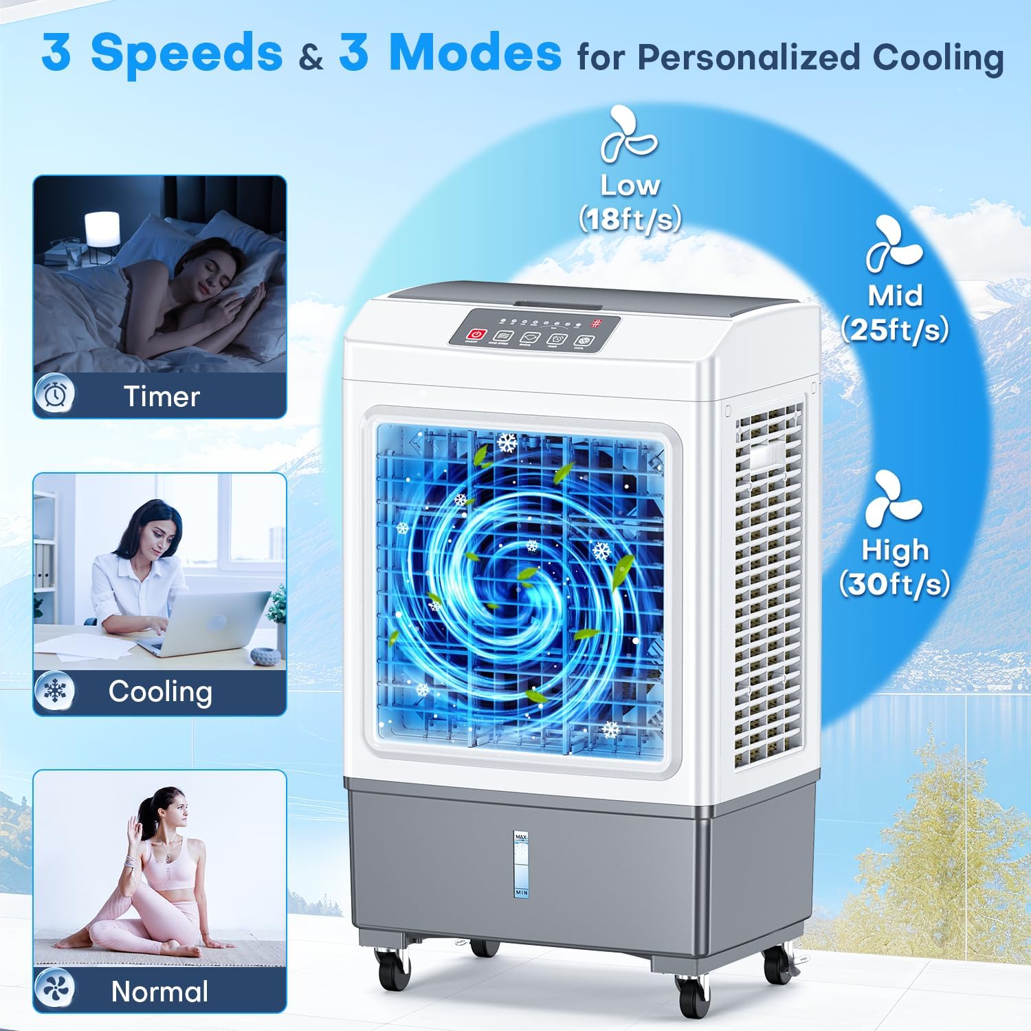 FANCOLE Windowless Air Conditioner, 2100CFM Evaporative Air Cooler with 3 Ice Packs, 700 Sq.ft Swamp Cooler Air Conditioner No Windows Needed w/3Mode & 3Speed, 7H Timer & Remote for Room Garage Patio