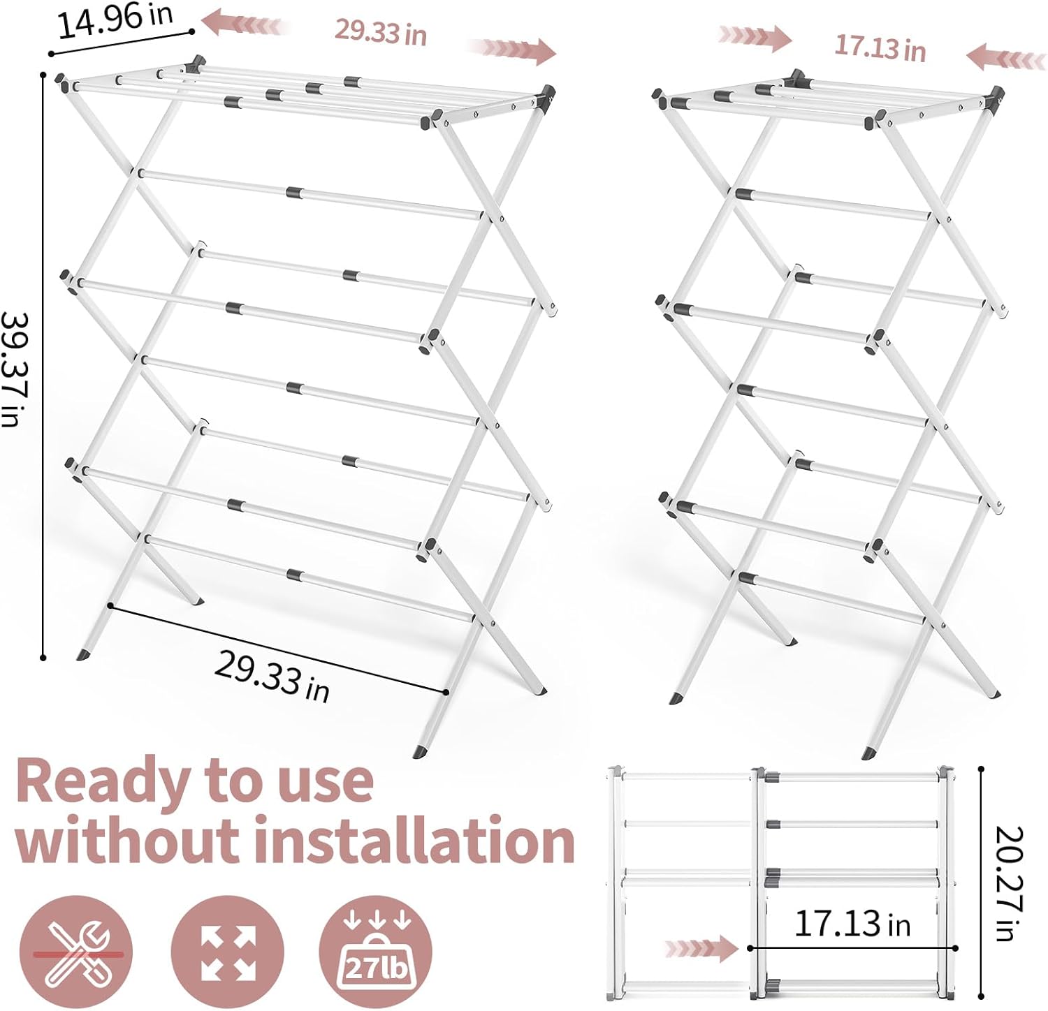 APEXCHASER Clothes Drying Rack Folding - 3 Tier Laundry Drying Rack for Clothes, Expandable Metal Clothing Dryer, Collapsible Towel Rack, Air Drying Rack, White
