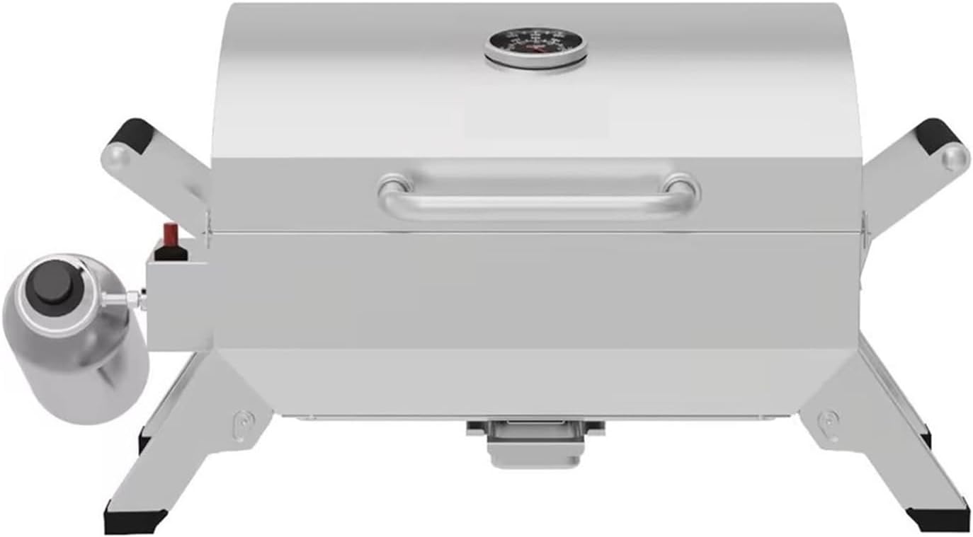 Stainless Steel Portable Grill with Folding Legs Lockable Cover 10000 BTU U-Shape Burner Temperature Gauge Perfect Camping BBQ