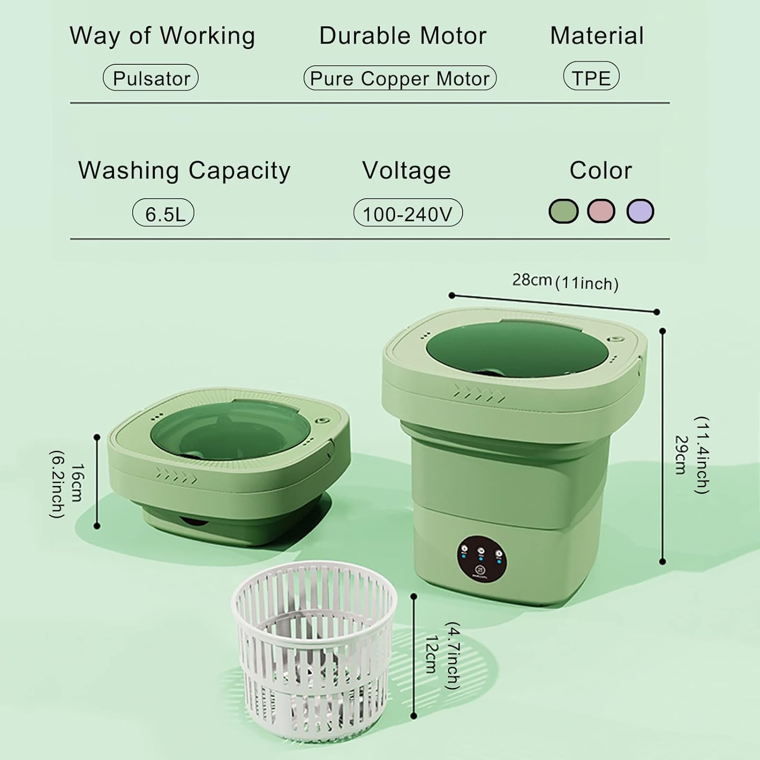 Portable Washing Machine, Foldable, for Washing Baby Clothes, Underwear Or Small Items, Suitable for Apartment, Laundry, Camping, Rv, Travel (Color : Green)