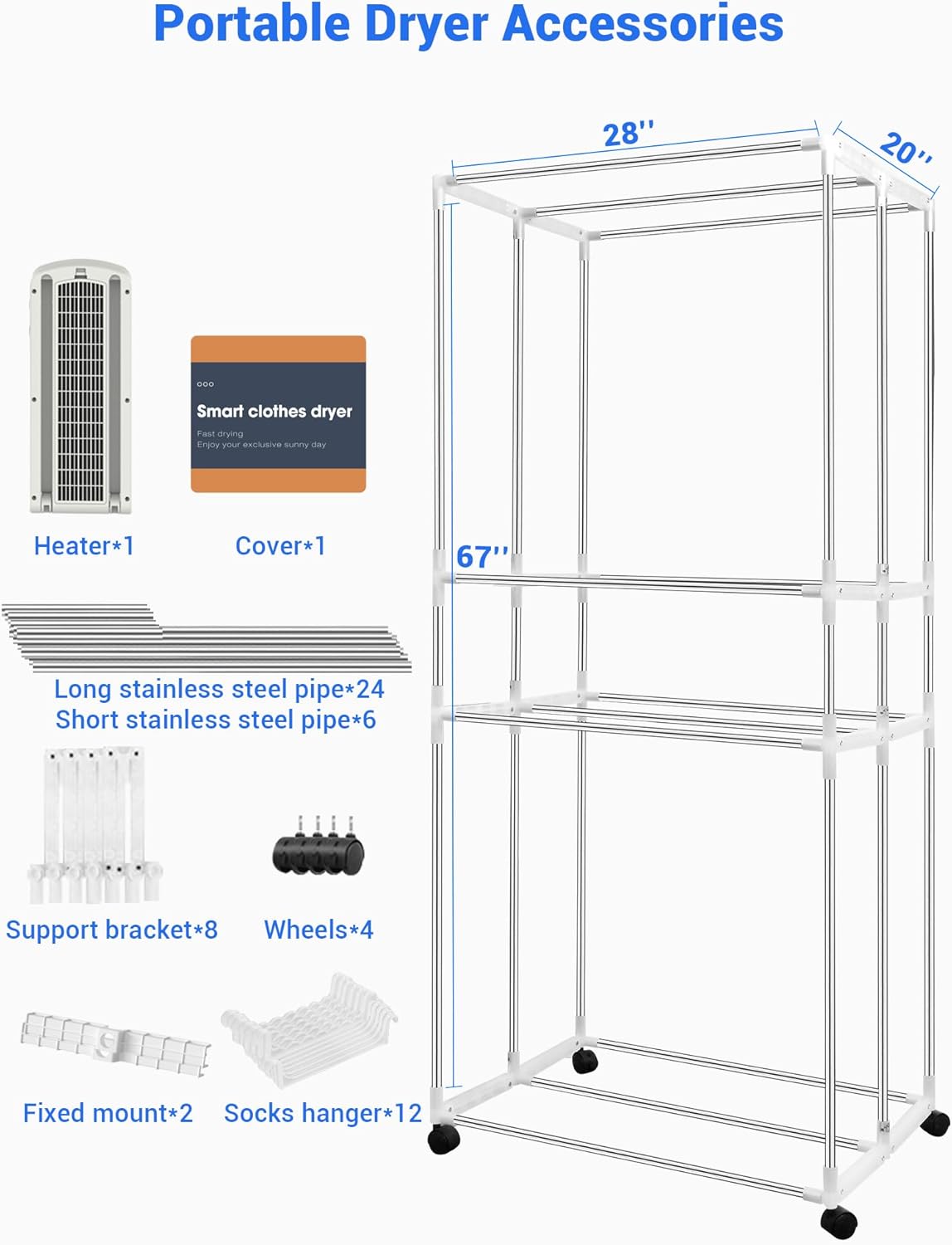 Portable Clothes Dryer, 110V -1600W Portable Dryer, 67Inch -3 Tier Foldable Clothes Dryers Rack, Energy Saving Portable Dryer for Apartment, Indoor, Travel, RV