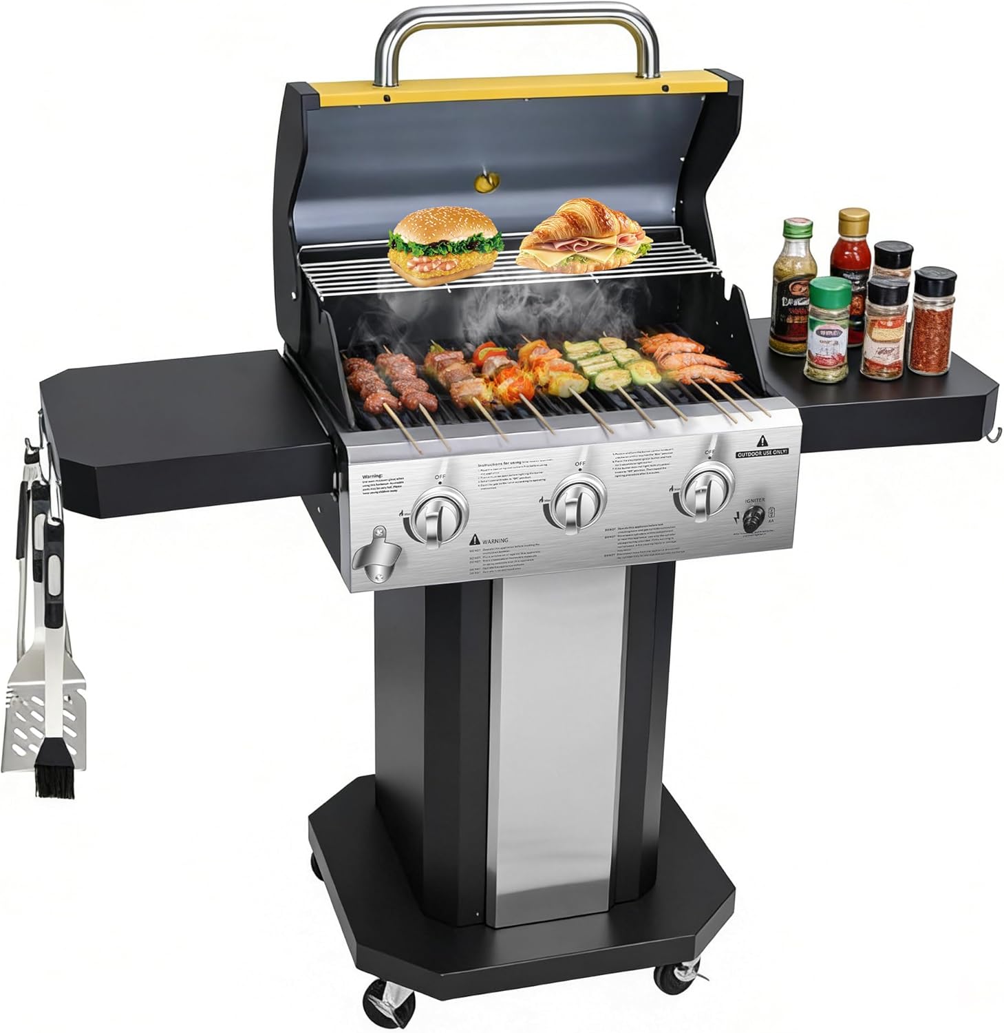 3-Burner Propane Gas Grill with Warming Rack, 30,000 BTU Outdoor BBQ Grill, Foldable Side Tables, Tool Hooks & Easy-Roll Wheels Propane Gas Grill for Backyard, Patio, and Camping (Yellow, 3 Burner)