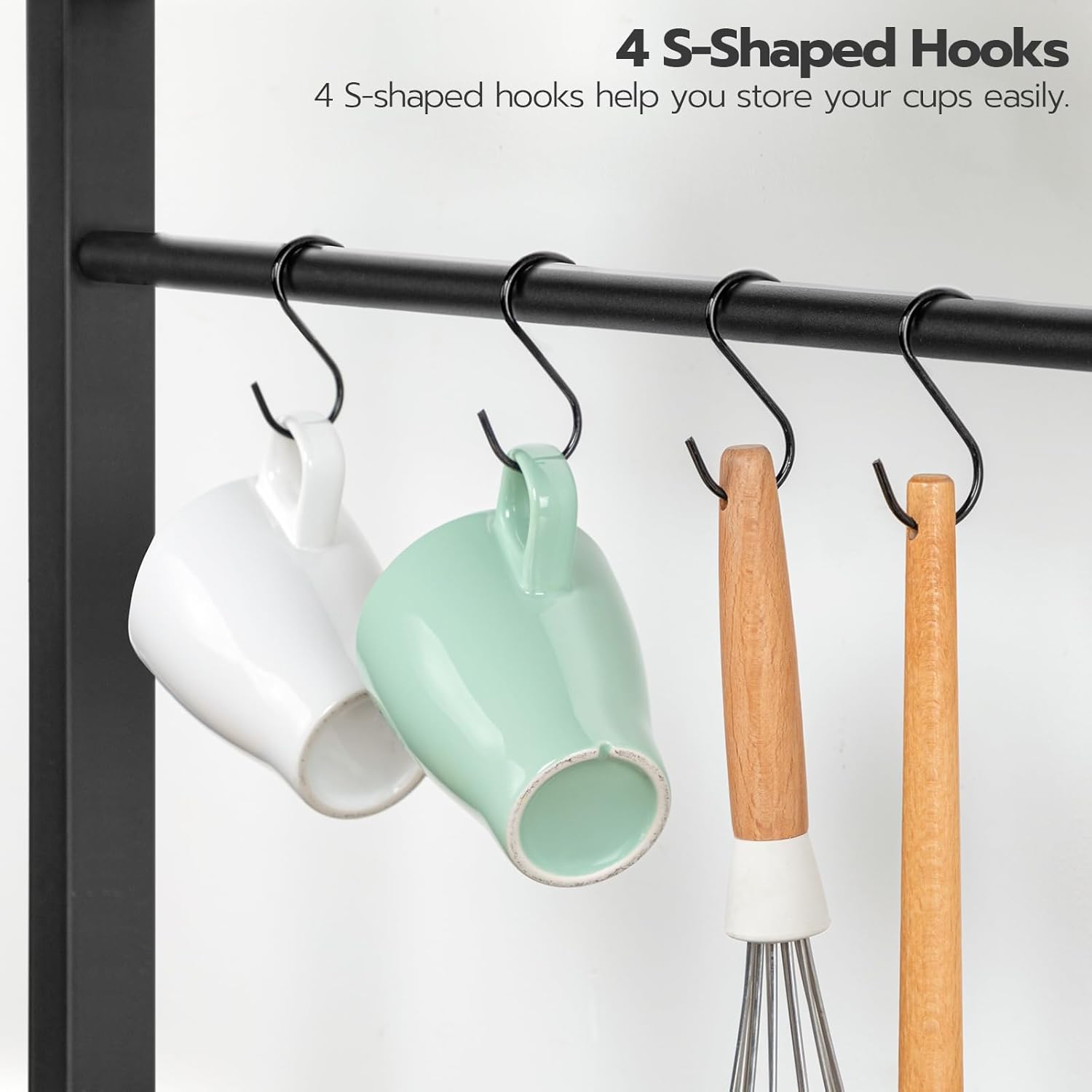 HOOBRO Kitchen Bakers Rack with Power Outlet, Coffee Bar, Microwave Oven Stand with Mesh Basket, Coffee Station with 4 S-Shaped Hook, Kitchen Shelf, for Dining Room, Living Room, Black BB05HB01