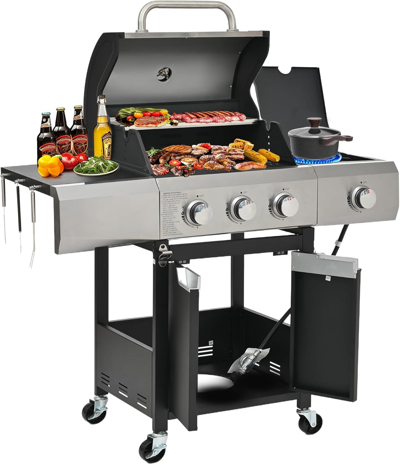 Evedy Gas Grill 3 Burner Barbecue Grill Stainless Steel Gas Grill Propane Grill, 40,500 BTU with Side Burner and Cover for Outdoor BBQ, Camping, Backyard, Patio (3+1 Burner(with Cover))