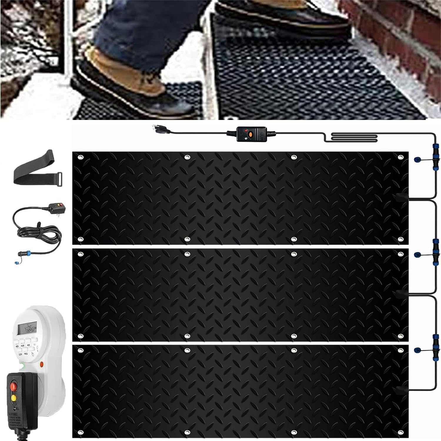 Snow Melting Walkway Mat with Timer, Stairs Snow & Ice Melting Mat for Winter Black Heated Snow Melt Mats Non Slip Rubber Heating Entrance Mats with Plug Power Cord(3 Pcs-10in x 35.4in (25.4x90 cm))
