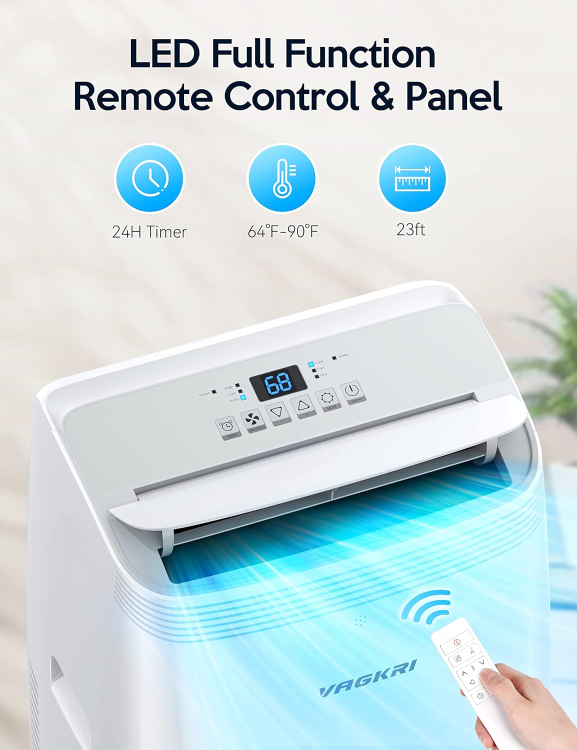 VAGKRI 12,000 BTU Portable Air Conditioner, 3-in-1 AC with Fan & Dehumidifier, Cools up to 450 Sq.Ft, Energy Efficient AC Unit with Remote Control, Sleep Modes, 24H Timer for Bedroom, Room, Office