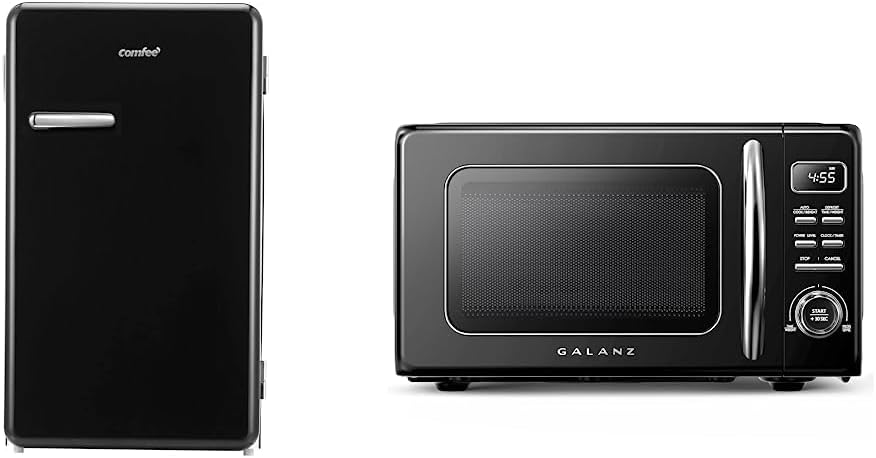COMFEE' 3.3 Cubic Feet Solo Series Retro Refrigerator Sleek Appearance HIPS Interior, Energy Saving, Adjustable & Galanz GLCMKZ07BKR07 Retro Countertop Microwave Oven with Auto Cook & Reheat, Defrost