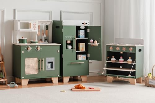 ROBOTIME Play Kitchen with Toy Fridge, Toy Oven, Wooden Kids Kitchen Play Set, Toy Kitchen Set for Kids Age 3 4 5 6 7 (Vintage Green)