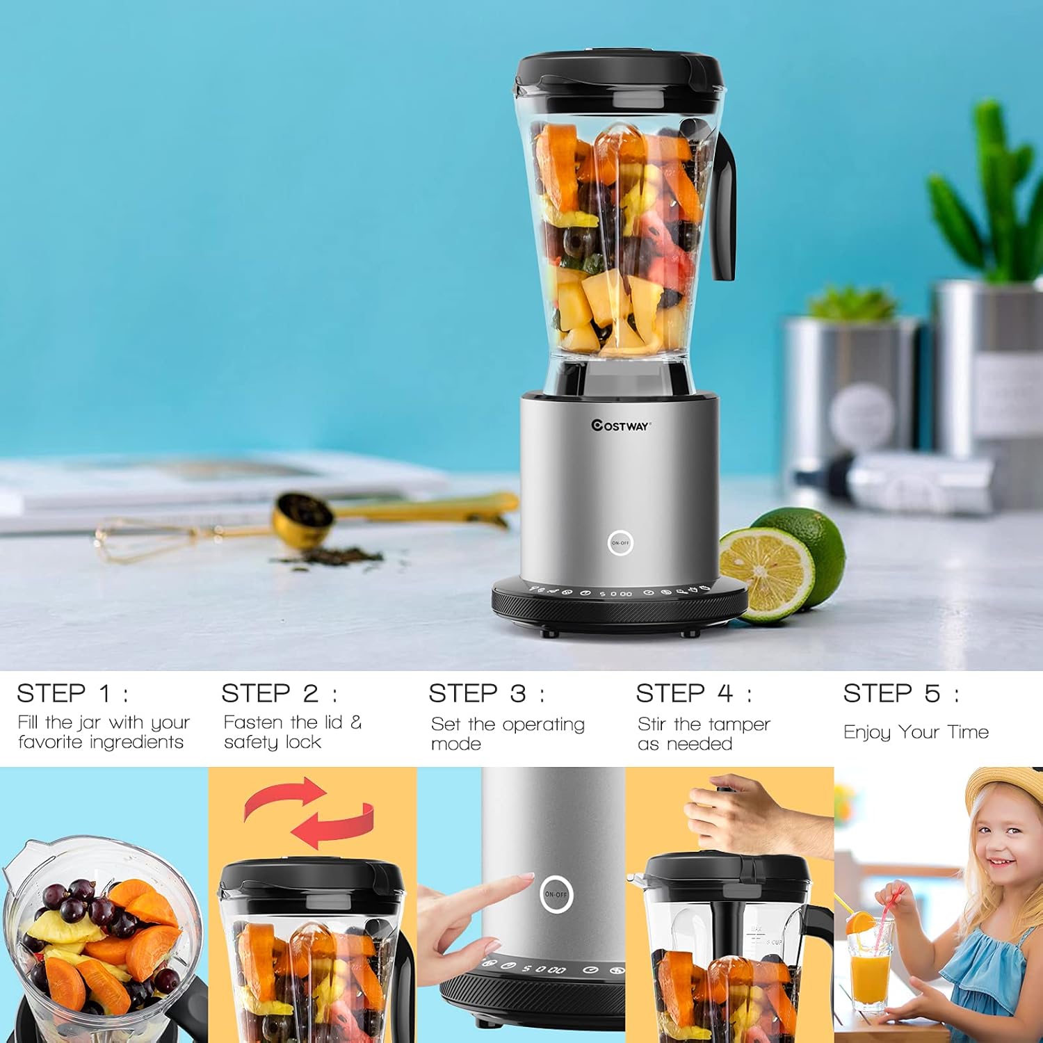 COSTWAY Professional 64oz Countertop Blender, Smoothie Maker Built-in Self-Cleaning with 10 Speed Control & 8 Pre-Set Programs, Pitcher, Crushing Blender for Smoothies, Frozen Fruit, 1500W