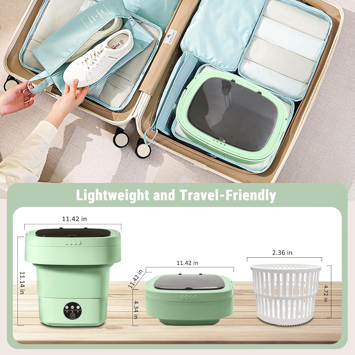 Portable Washing Machine, Foldable Personal Washer w/Integrated Drain Pipe and Spin Basket for Light Clothes, 3 Cleaning Modes, Blue Light Collapsible Laundry for Travel, Apartment, RV, Baby Clothes
