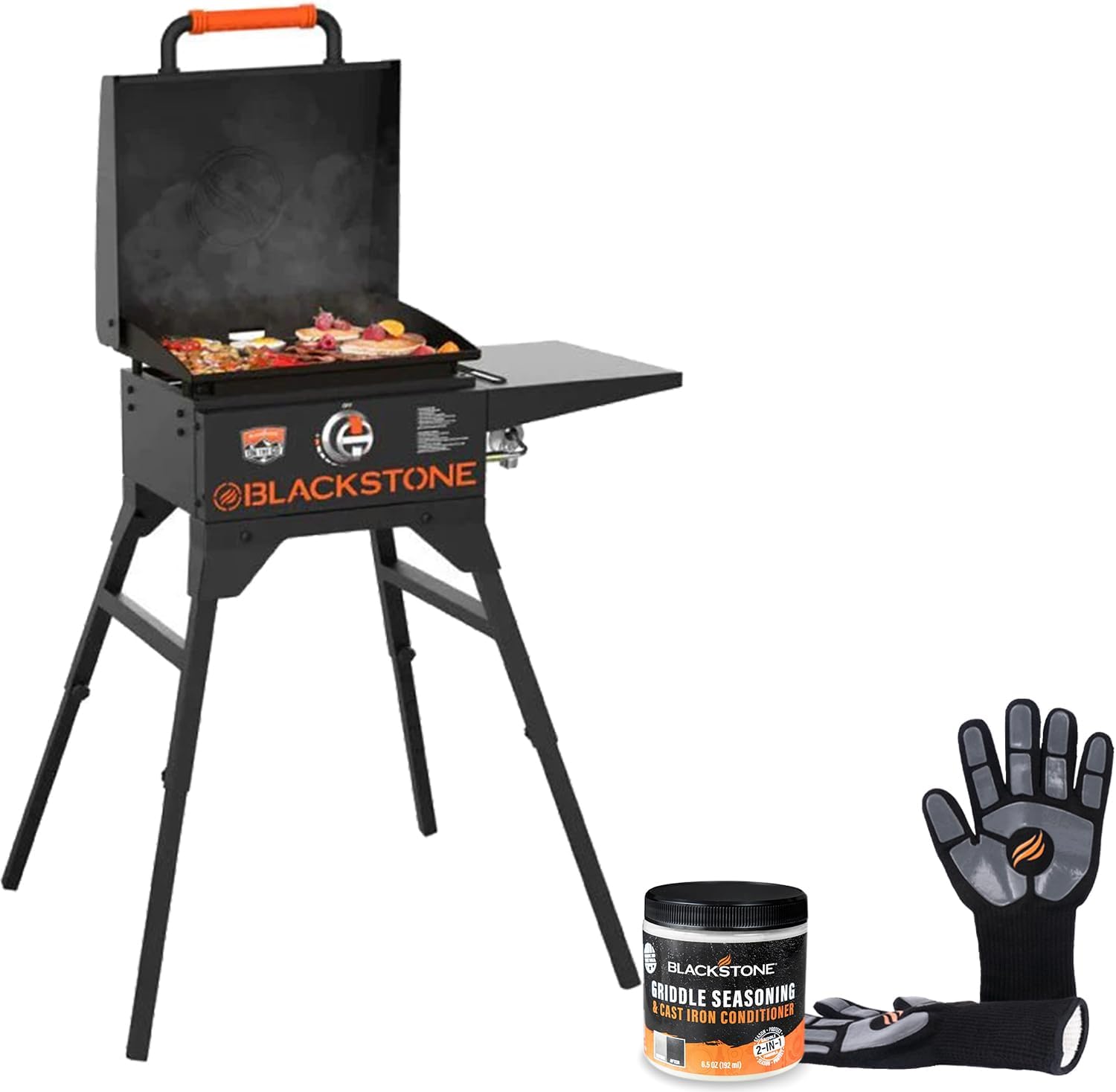 17 Inch Blackstone Griddle with Hood and Cart 1939, Flat Top Grill Outdoor Propane Portable Gas Grill, with Blackstone Gloves and Griddle Seasoning